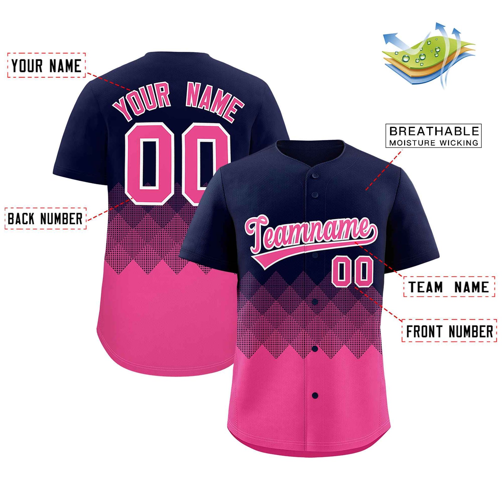 Custom Navy Pink Grid Blur Pattern Authentic Baseball Jersey