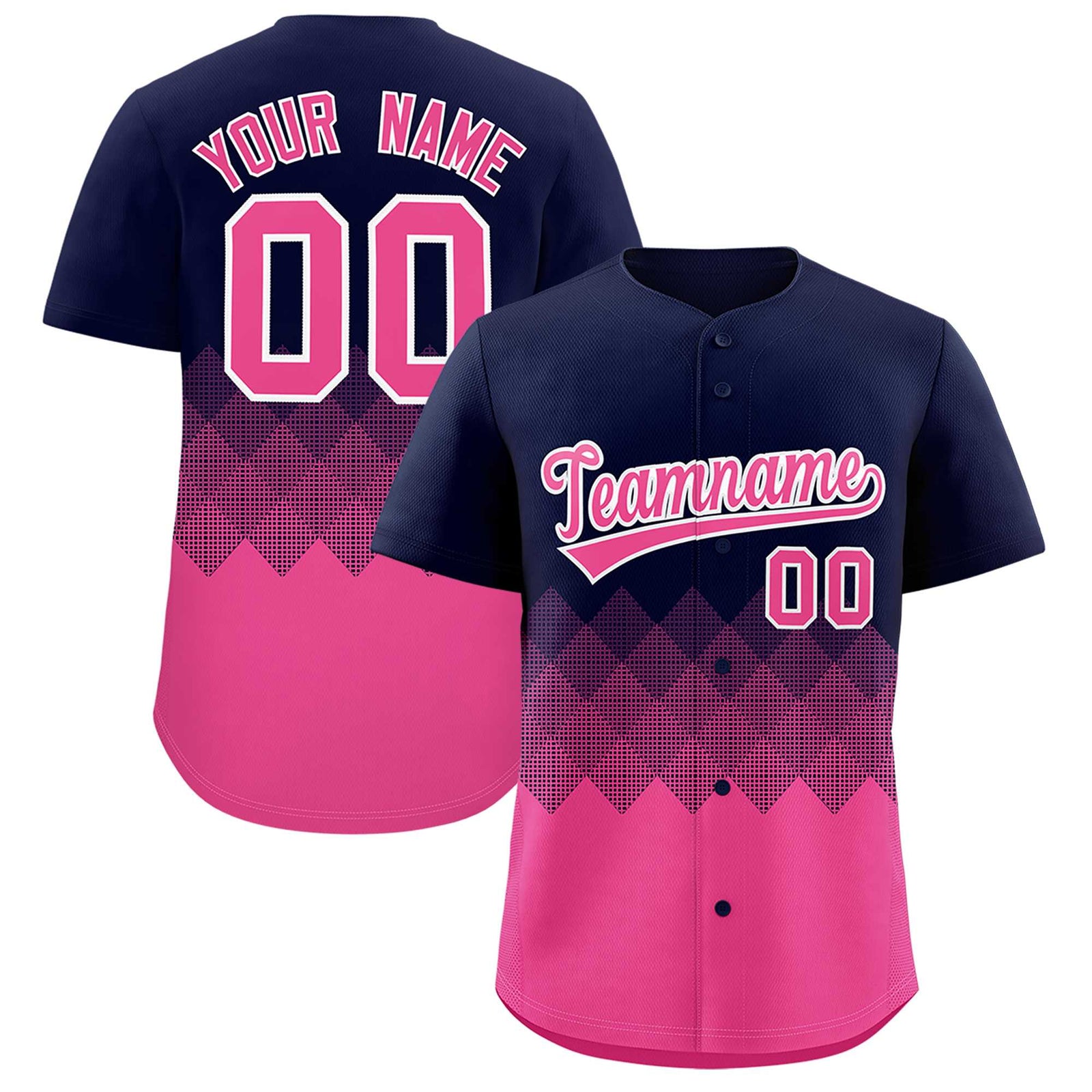 Custom Navy Pink Grid Blur Pattern Authentic Baseball Jersey
