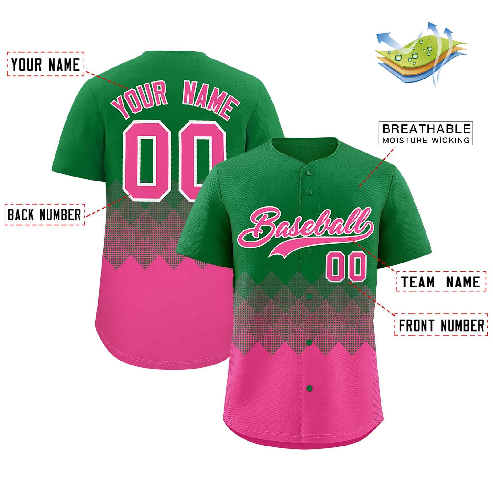 Custom Kelly Green Pink Grid Blur Pattern Authentic Baseball Jersey