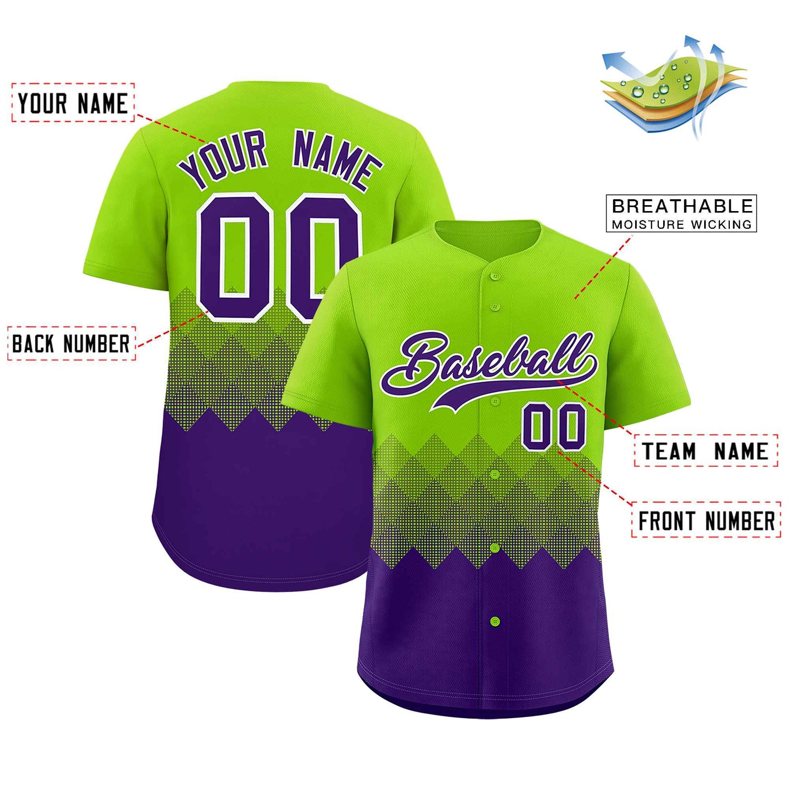 Custom Neon Green Purple Grid Blur Pattern Authentic Baseball Jersey