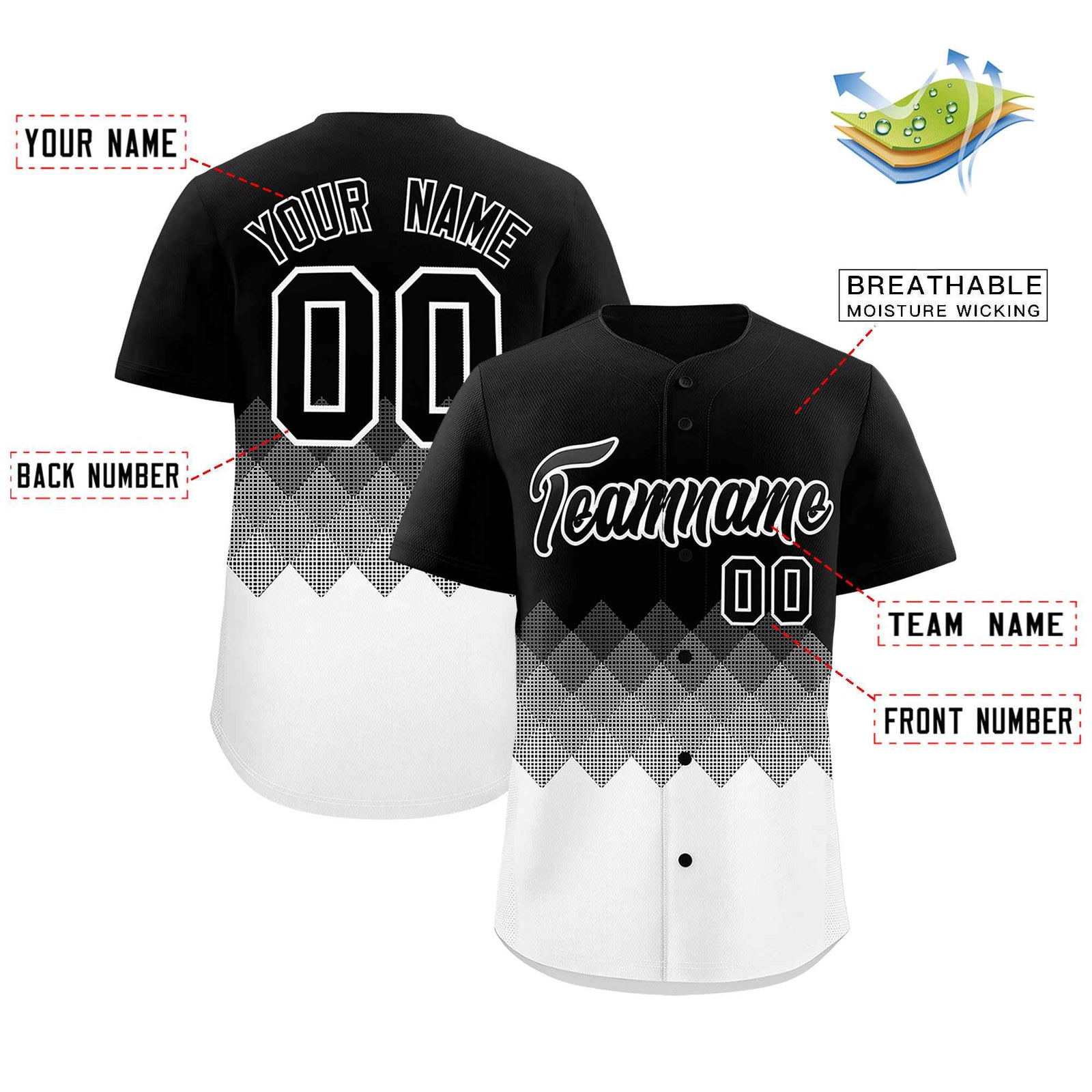 Custom Black White Grid Blur Pattern Authentic Baseball Jersey