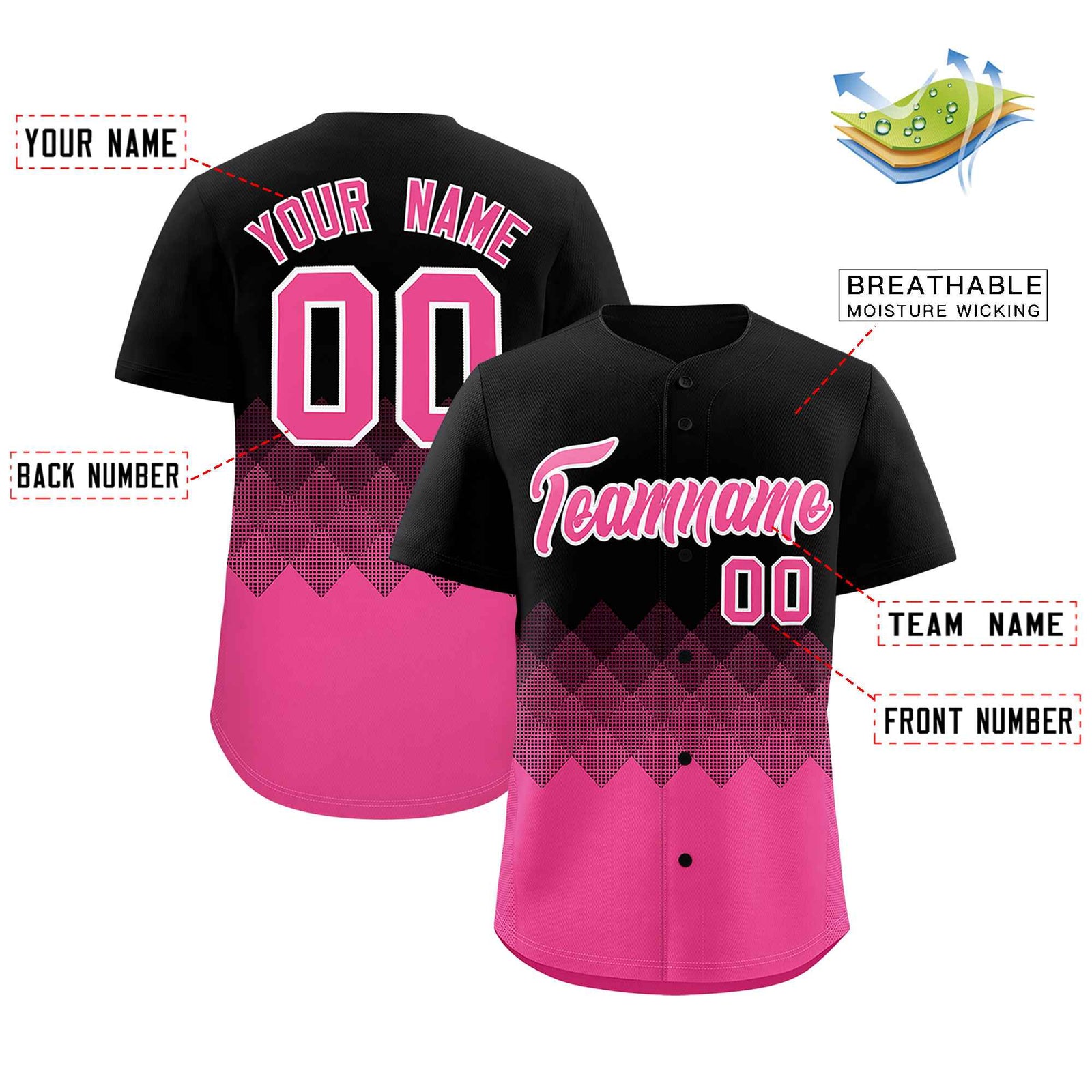 Custom Black Pink Grid Blur Pattern Authentic Baseball Jersey