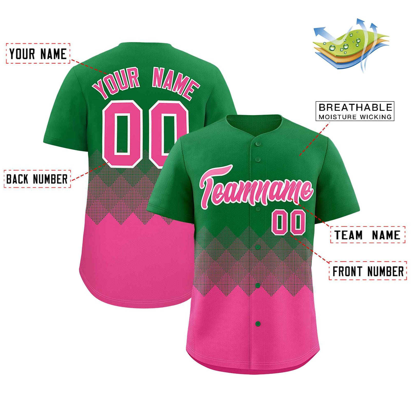 Custom Kelly Green Pink Grid Blur Pattern Authentic Baseball Jersey