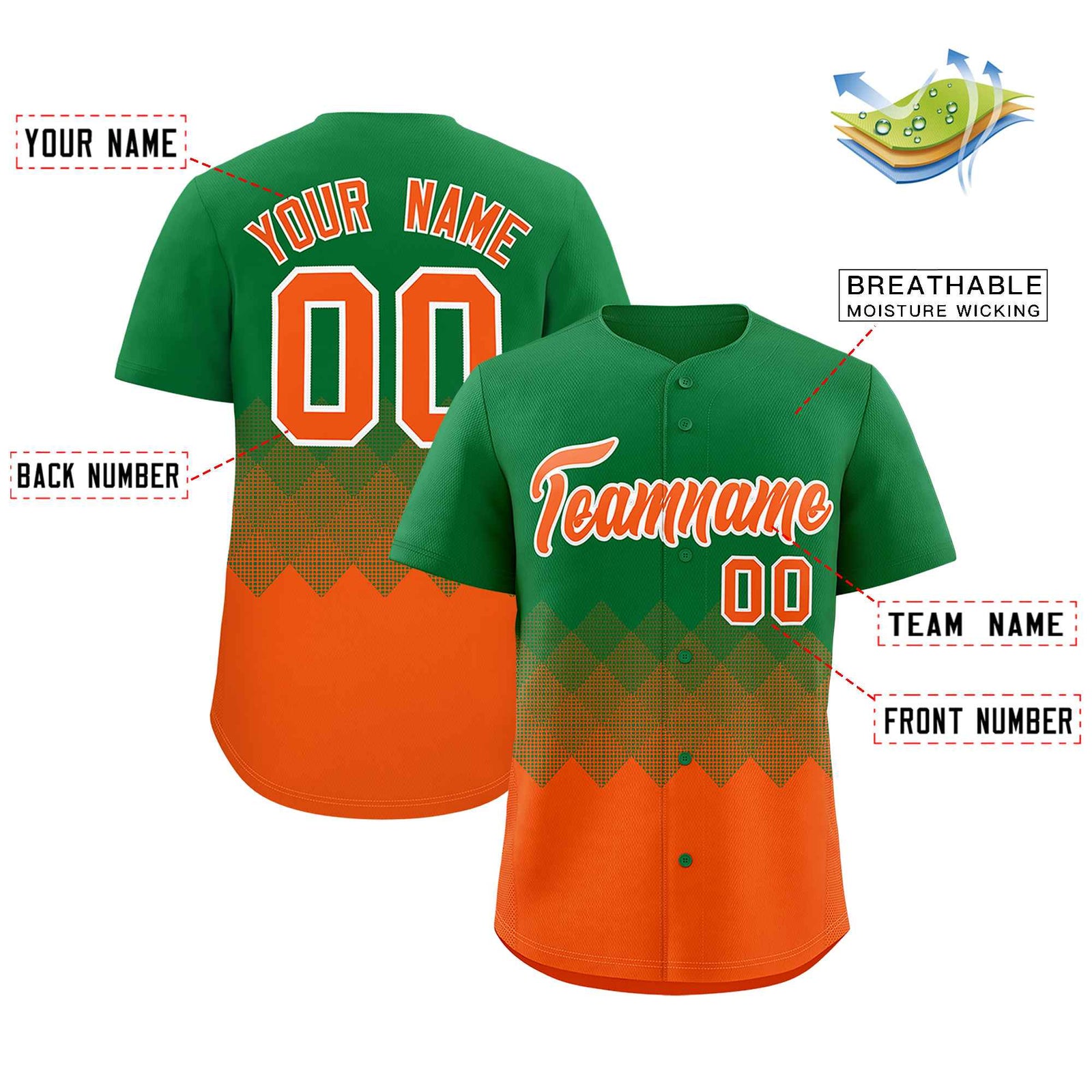 Custom Kelly Green Orange Grid Blur Pattern Authentic Baseball Jersey