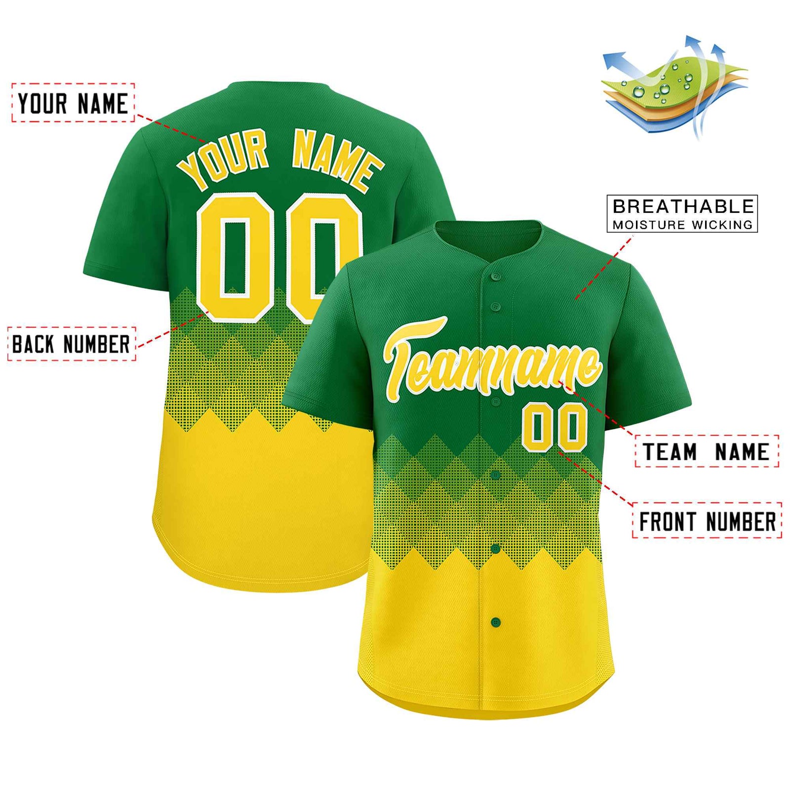 Custom Kelly Green Gold Grid Blur Pattern Authentic Baseball Jersey