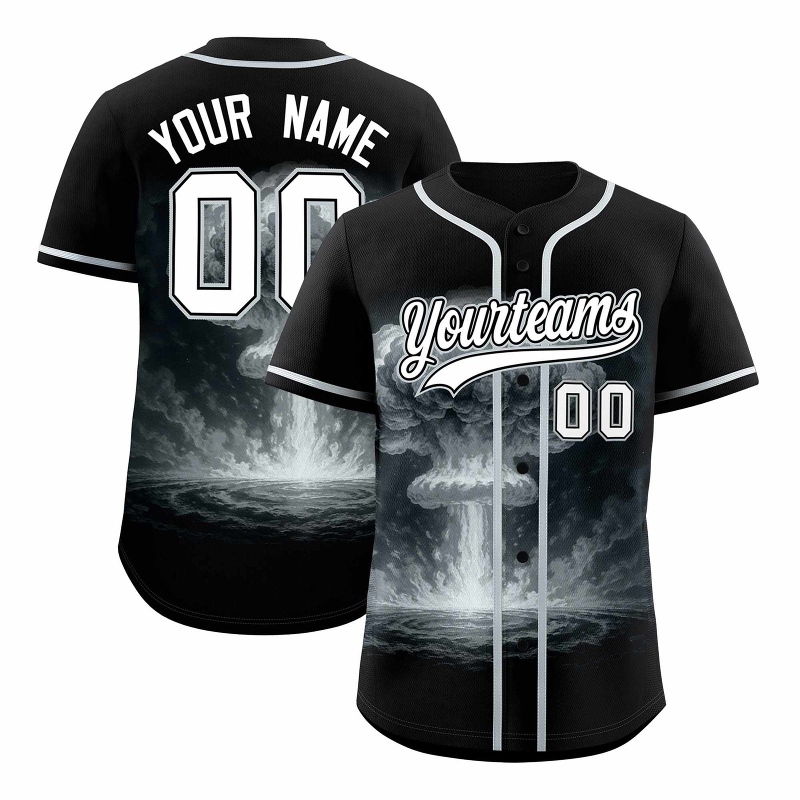 Custom Black Silver Full Button Nuclear Blast Graffiti Pattern Authentic Baseball Jersey