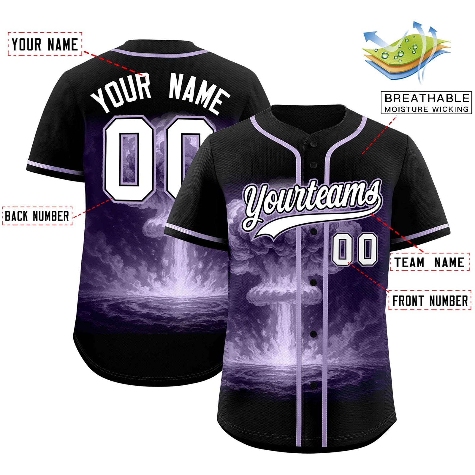 Custom Black Light Purple Full Button Nuclear Blast Graffiti Pattern Authentic Baseball Jersey
