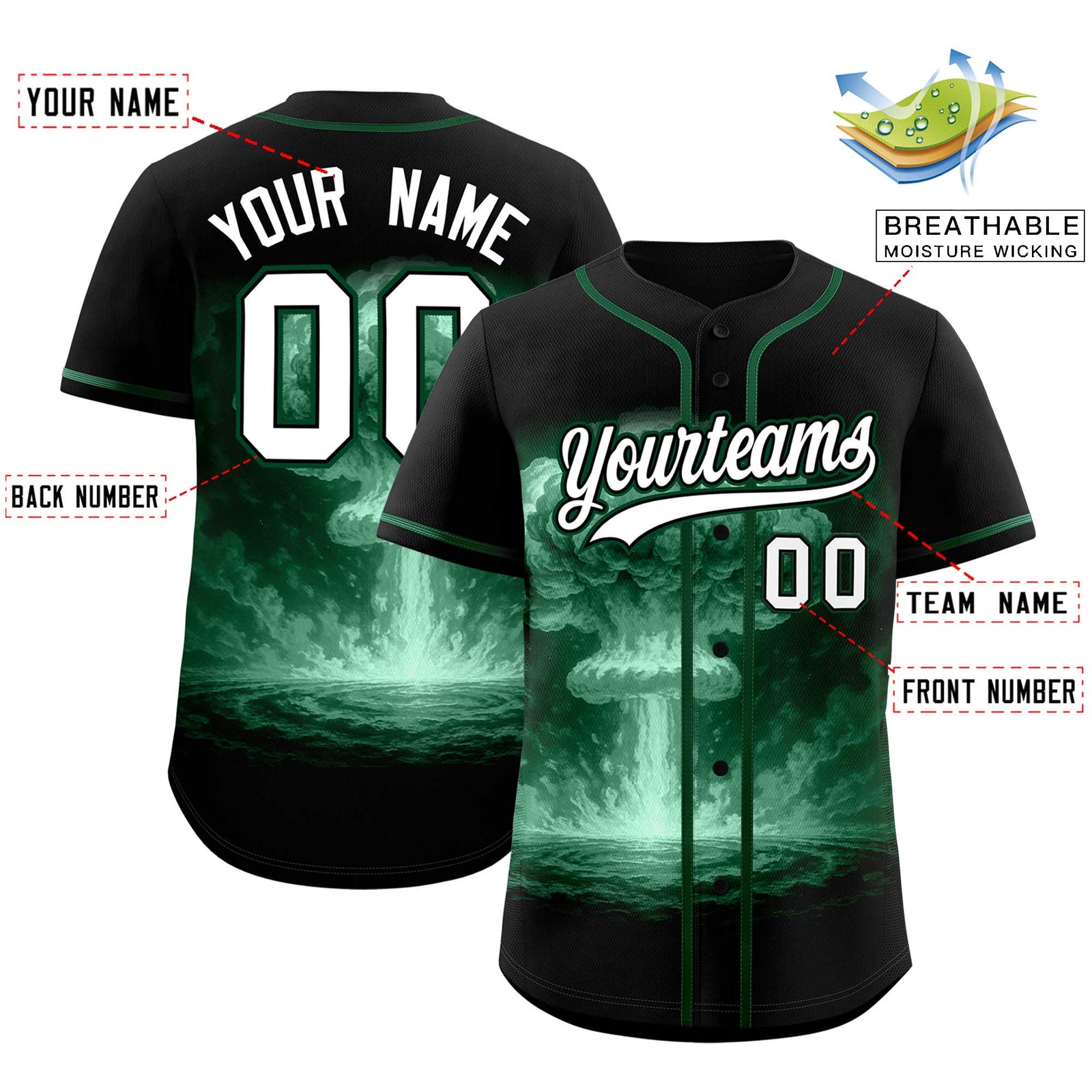 Custom Black Green Full Button Nuclear Blast Graffiti Pattern Authentic Baseball Jersey