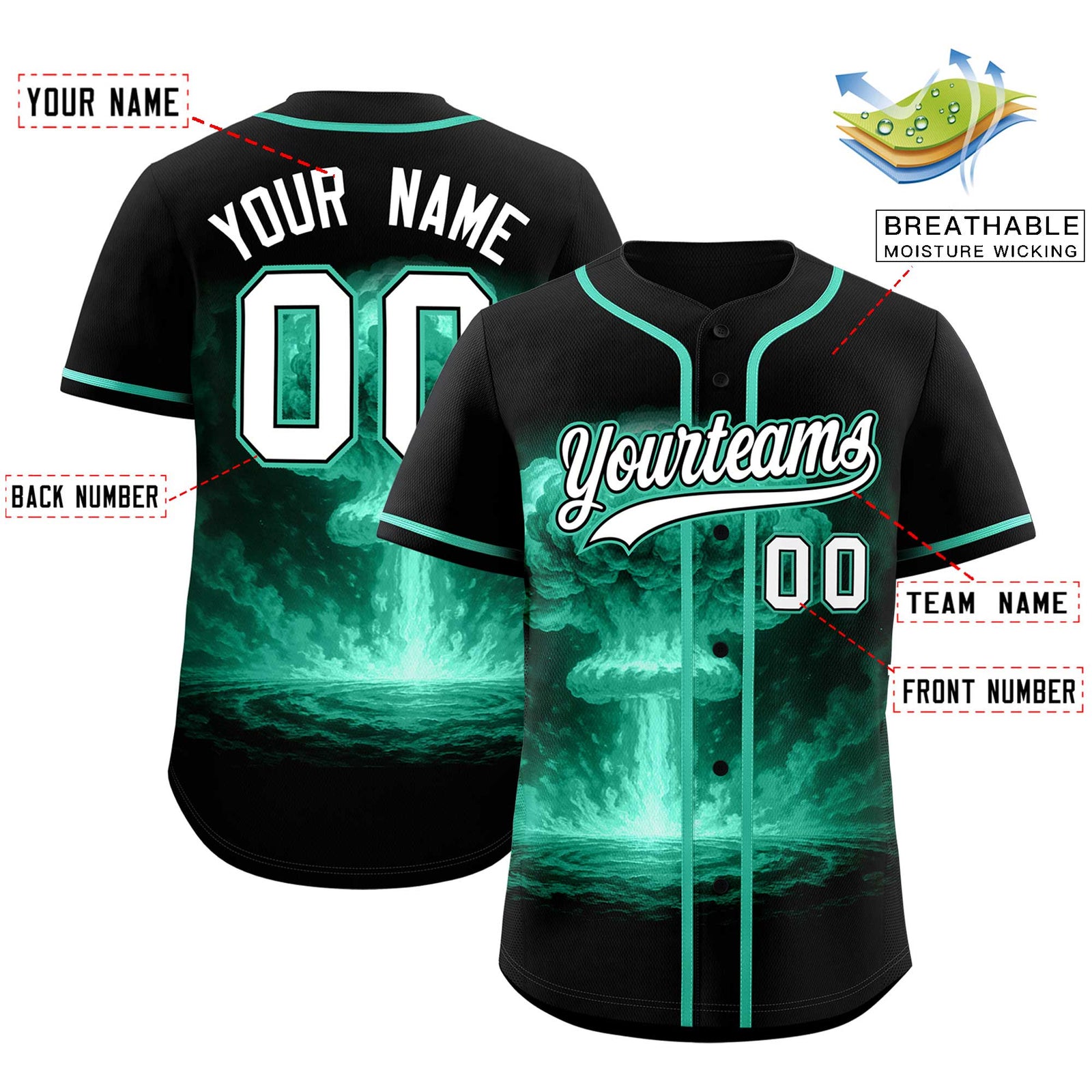 Custom Black Bright Green Full Button Nuclear Blast Graffiti Pattern Authentic Baseball Jersey