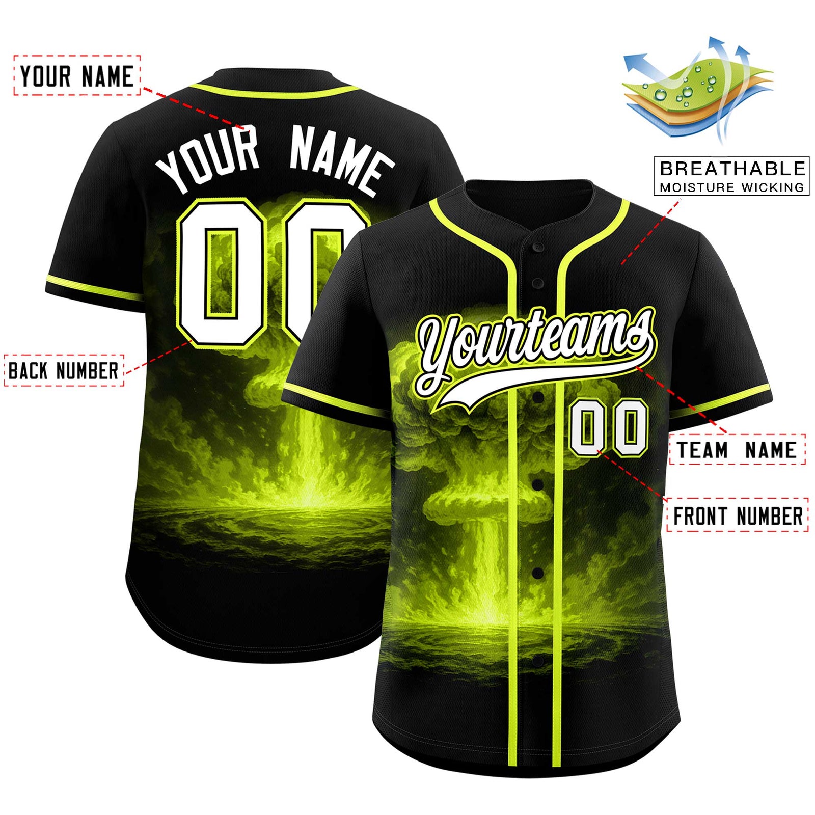 Custom Black Fluorescent Green Full Button Nuclear Blast Graffiti Pattern Authentic Baseball Jersey