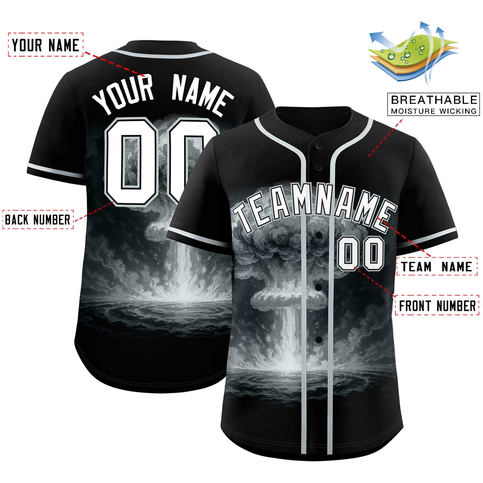 Custom Black Silver Full Button Nuclear Blast Graffiti Pattern Authentic Baseball Jersey