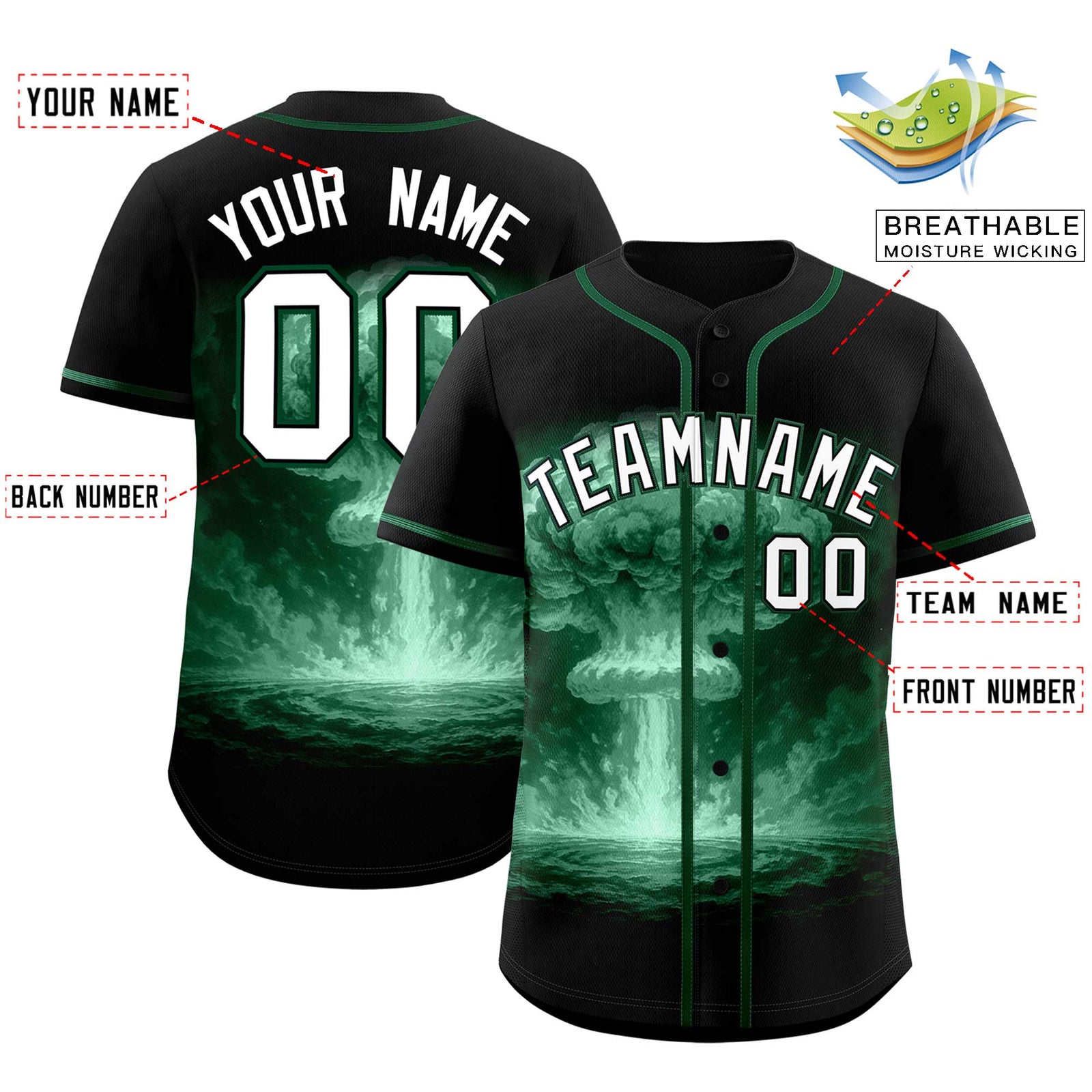 Custom Black Green Full Button Nuclear Blast Graffiti Pattern Authentic Baseball Jersey