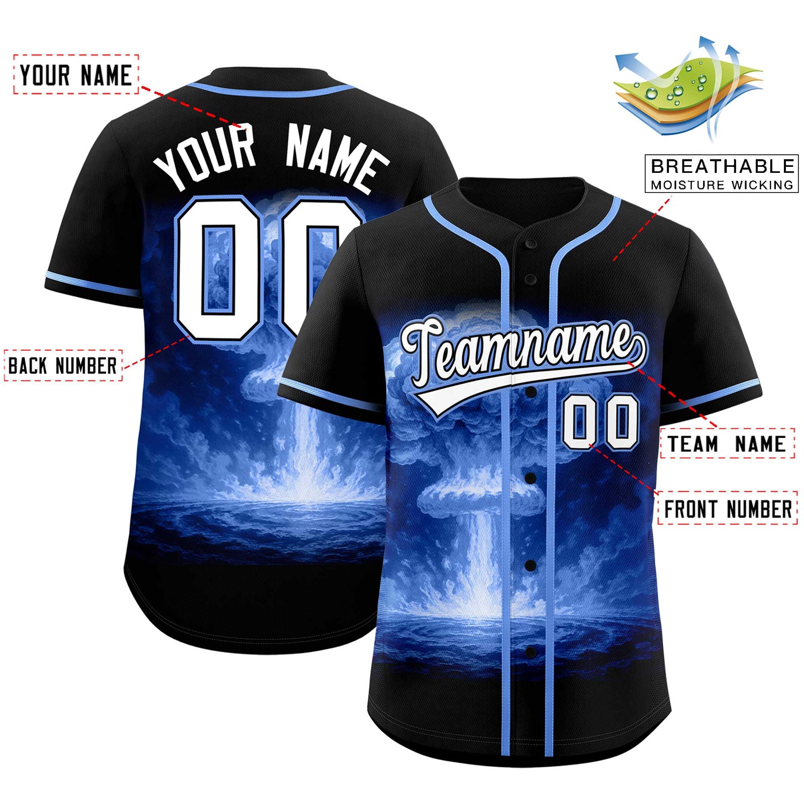 Custom Black Light Blue Full Button Nuclear Blast Graffiti Pattern Authentic Baseball Jersey