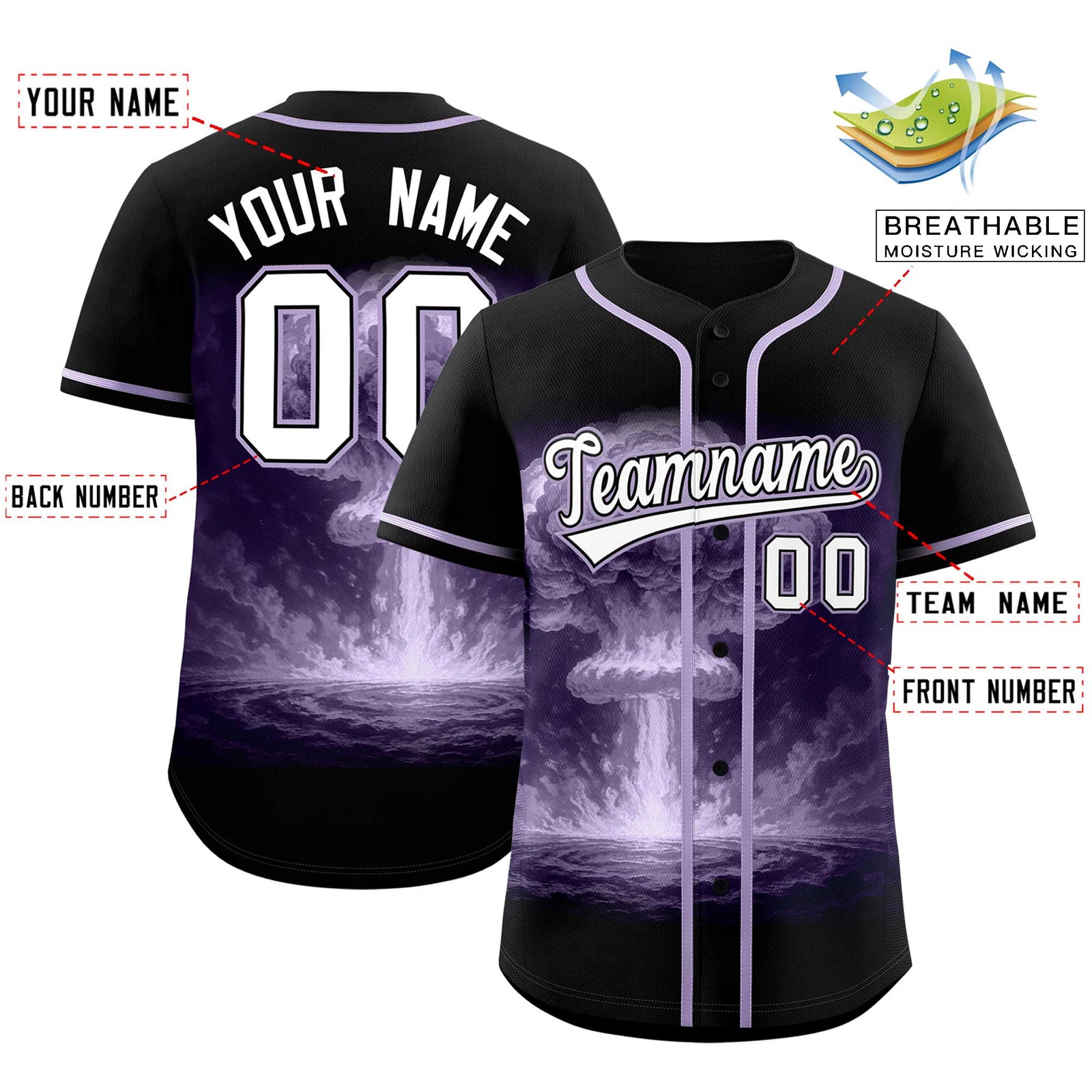 Custom Black Light Purple Full Button Nuclear Blast Graffiti Pattern Authentic Baseball Jersey