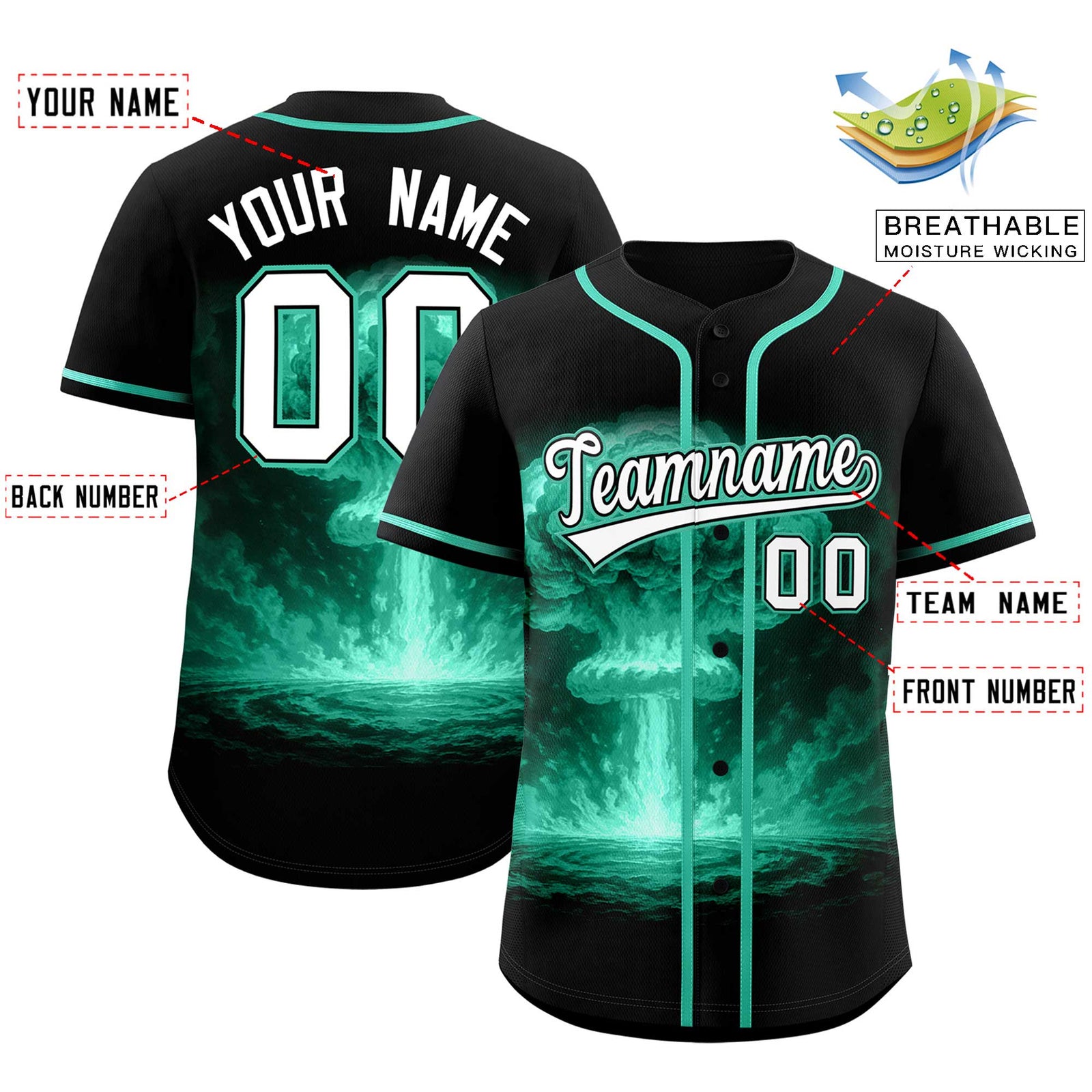 Custom Black Bright Green Full Button Nuclear Blast Graffiti Pattern Authentic Baseball Jersey