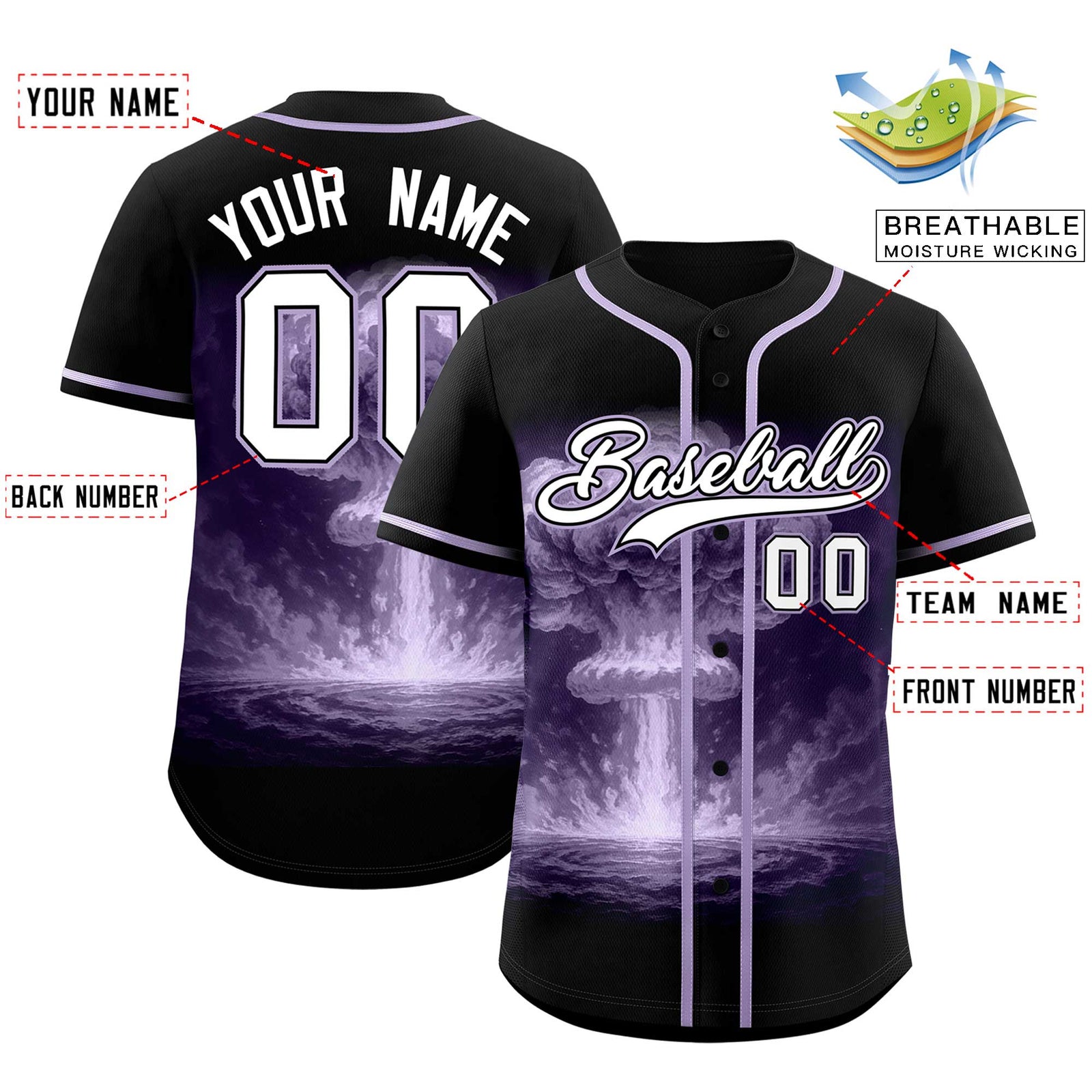 Custom Black Light Purple Full Button Nuclear Blast Graffiti Pattern Authentic Baseball Jersey