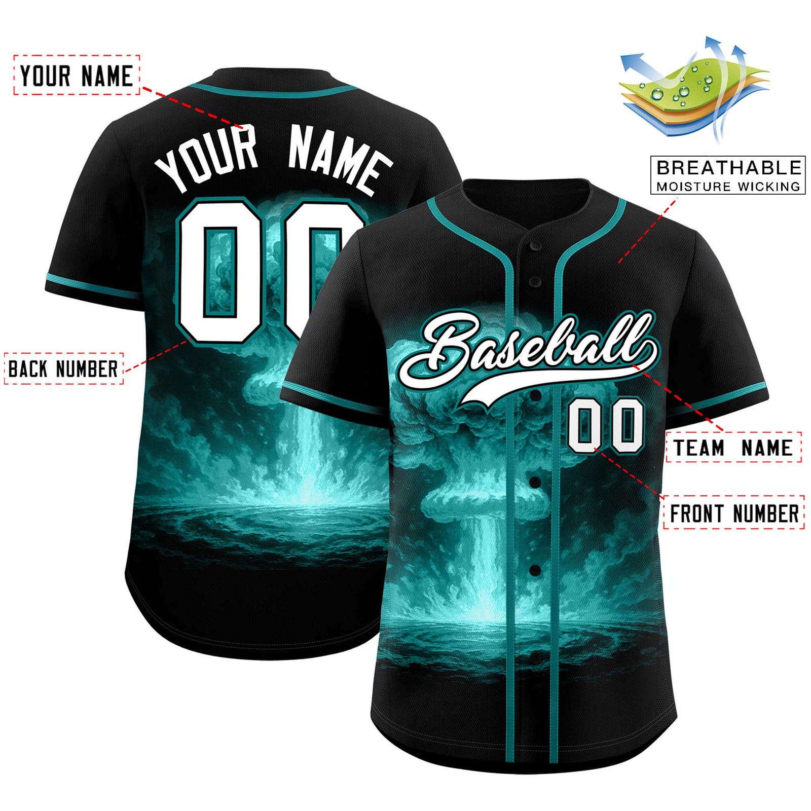 Custom Black Teal Full Button Nuclear Blast Graffiti Pattern Authentic Baseball Jersey