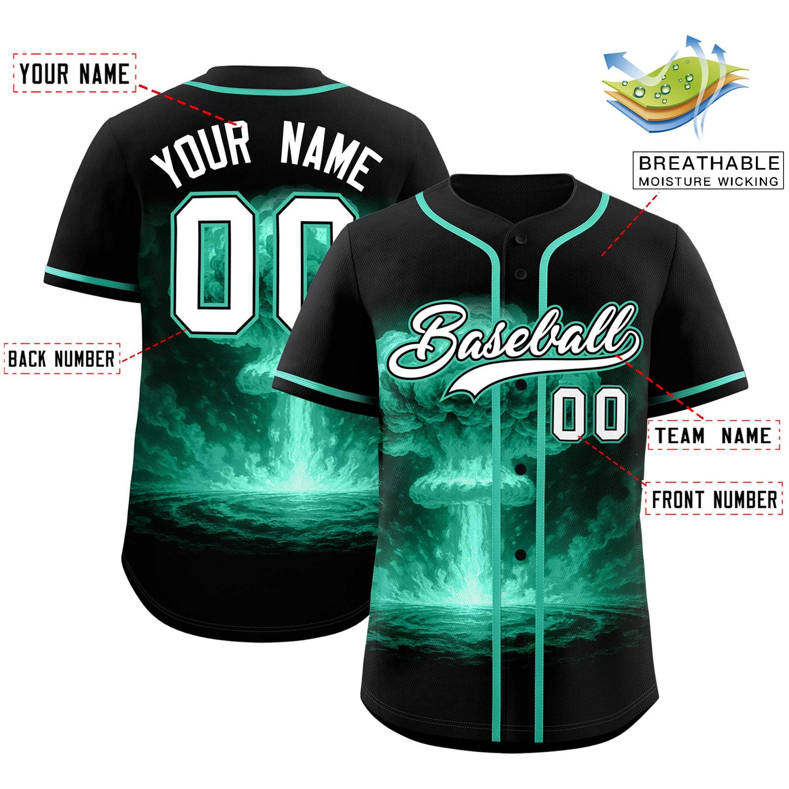 Custom Black Bright Green Full Button Nuclear Blast Graffiti Pattern Authentic Baseball Jersey