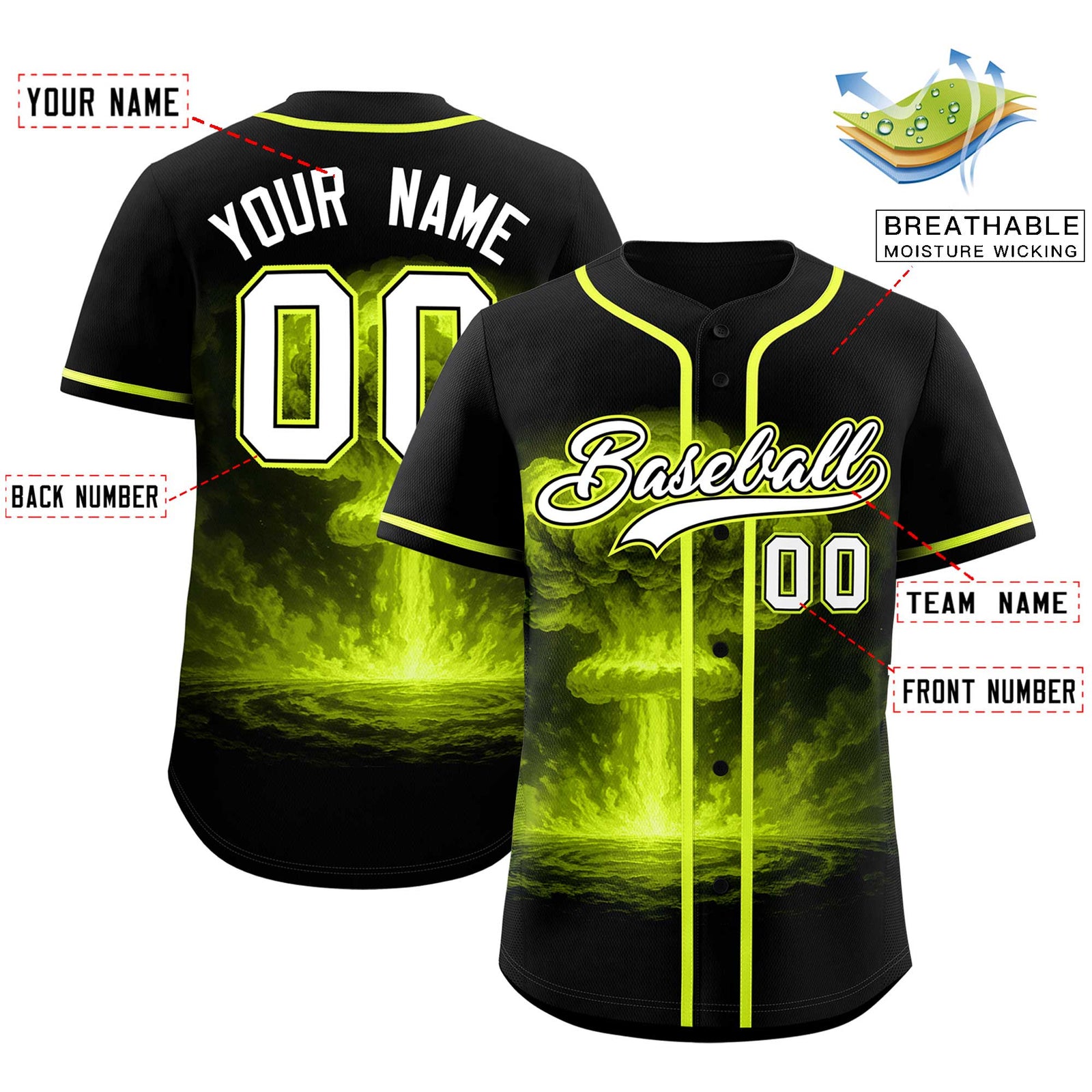 Custom Black Fluorescent Green Full Button Nuclear Blast Graffiti Pattern Authentic Baseball Jersey