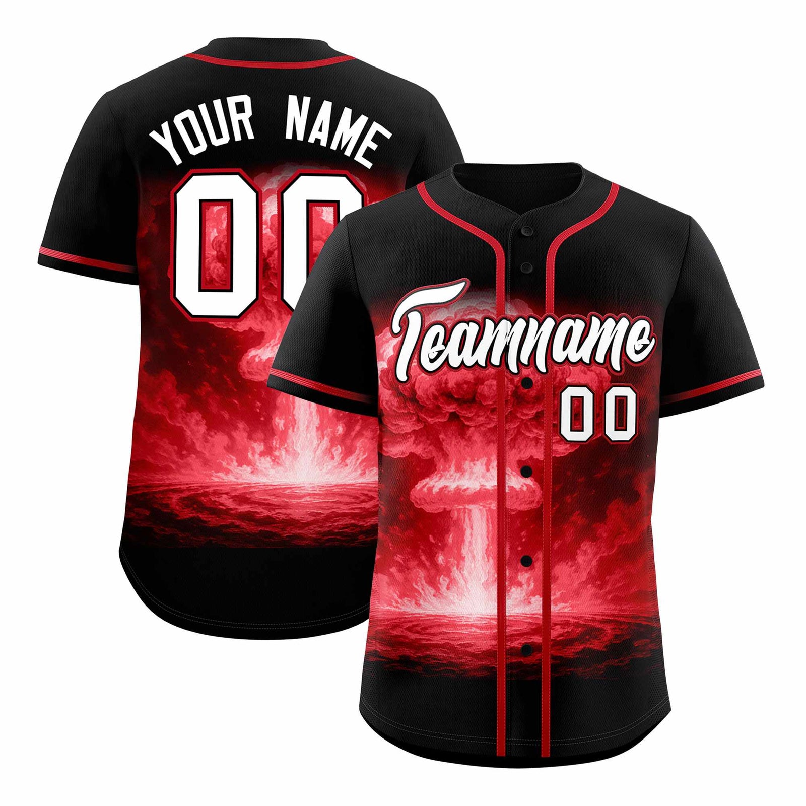 Custom Black Red Full Button Nuclear Blast Graffiti Pattern Authentic Baseball Jersey
