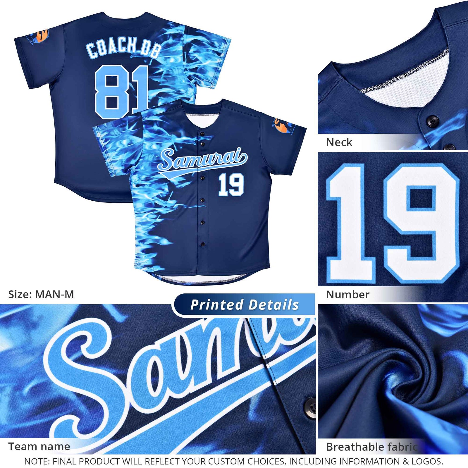 Custom Navy Personalized 3D Flame Design Authentic Baseball Jersey
