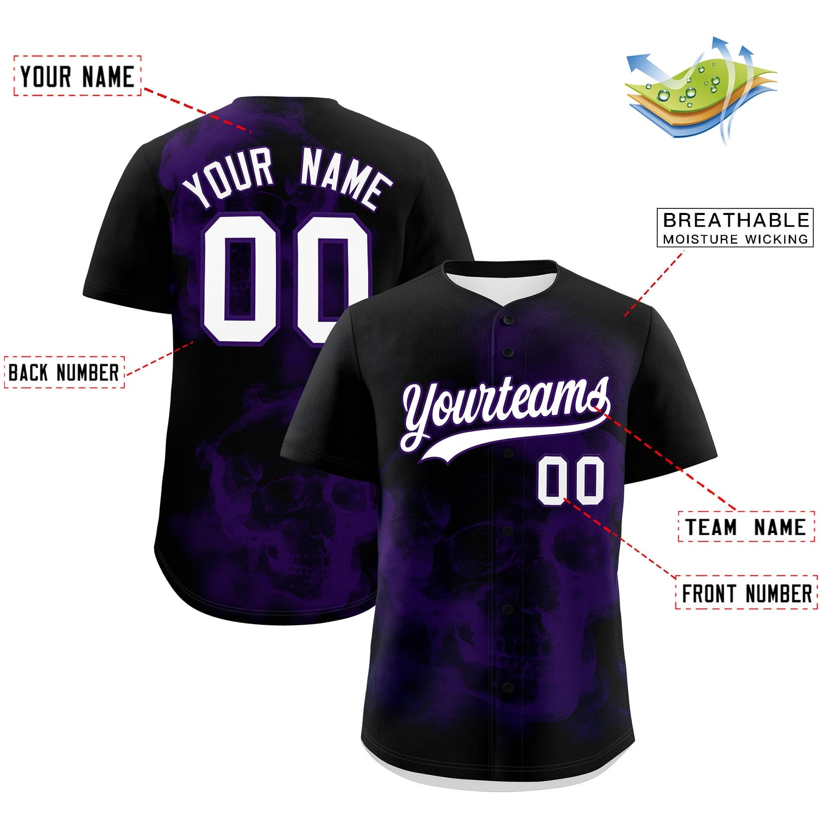 Custom Black Purple White skeleton Graffiti Pattern Quick Dry Baseball Jersey| KXKSHOP