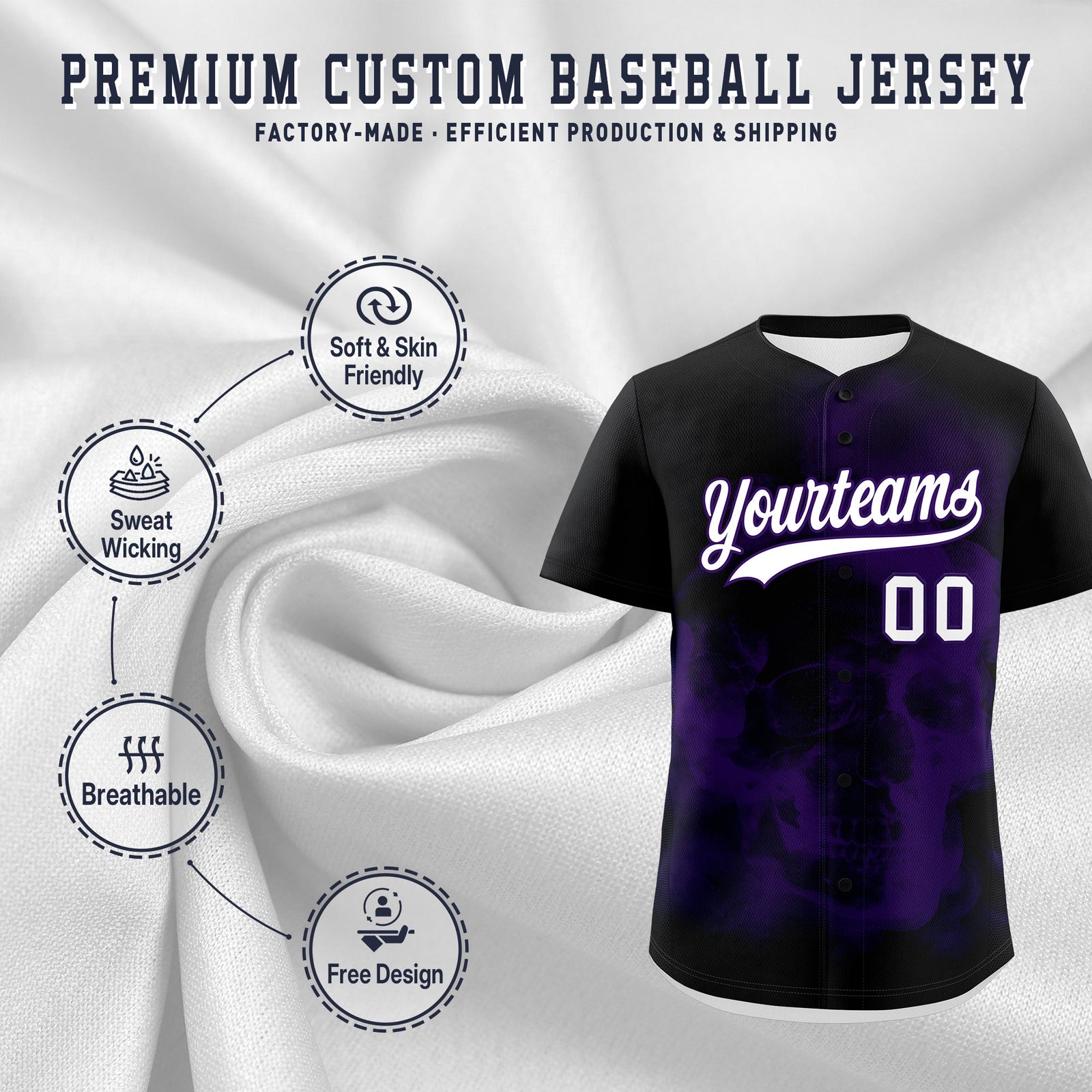 Custom Black Purple White skeleton Graffiti Pattern Quick Dry Baseball Jersey| KXKSHOP