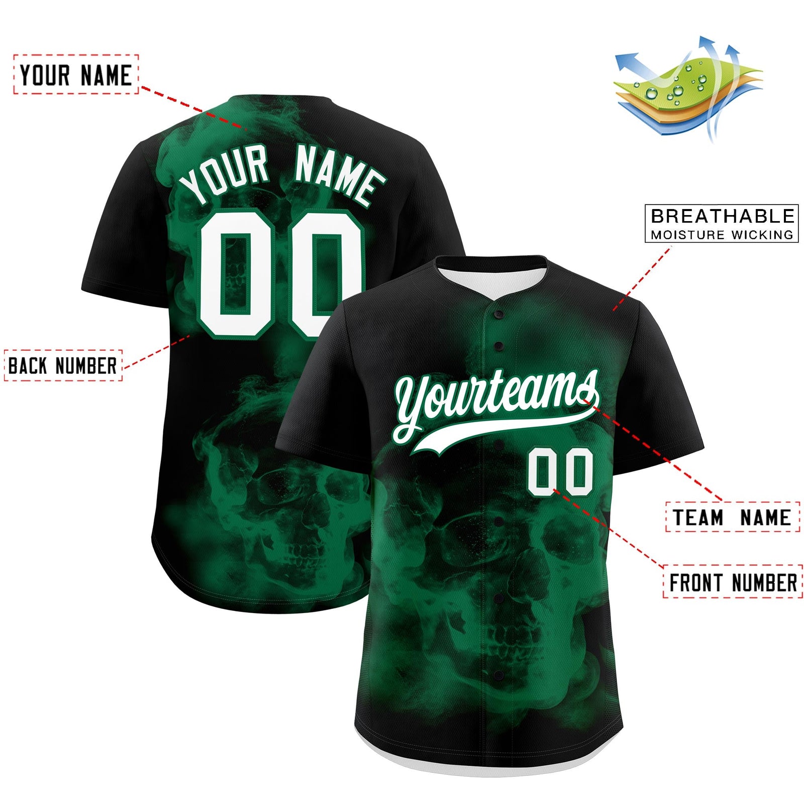 Custom Black Kelly Green White skeleton Graffiti Pattern Quick Dry Baseball Jersey| KXKSHOP