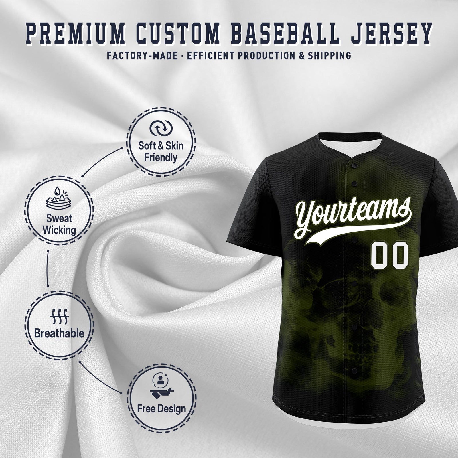 Custom Black Olive White skeleton Graffiti Pattern Lightweight Baseball Jersey| KXKSHOP