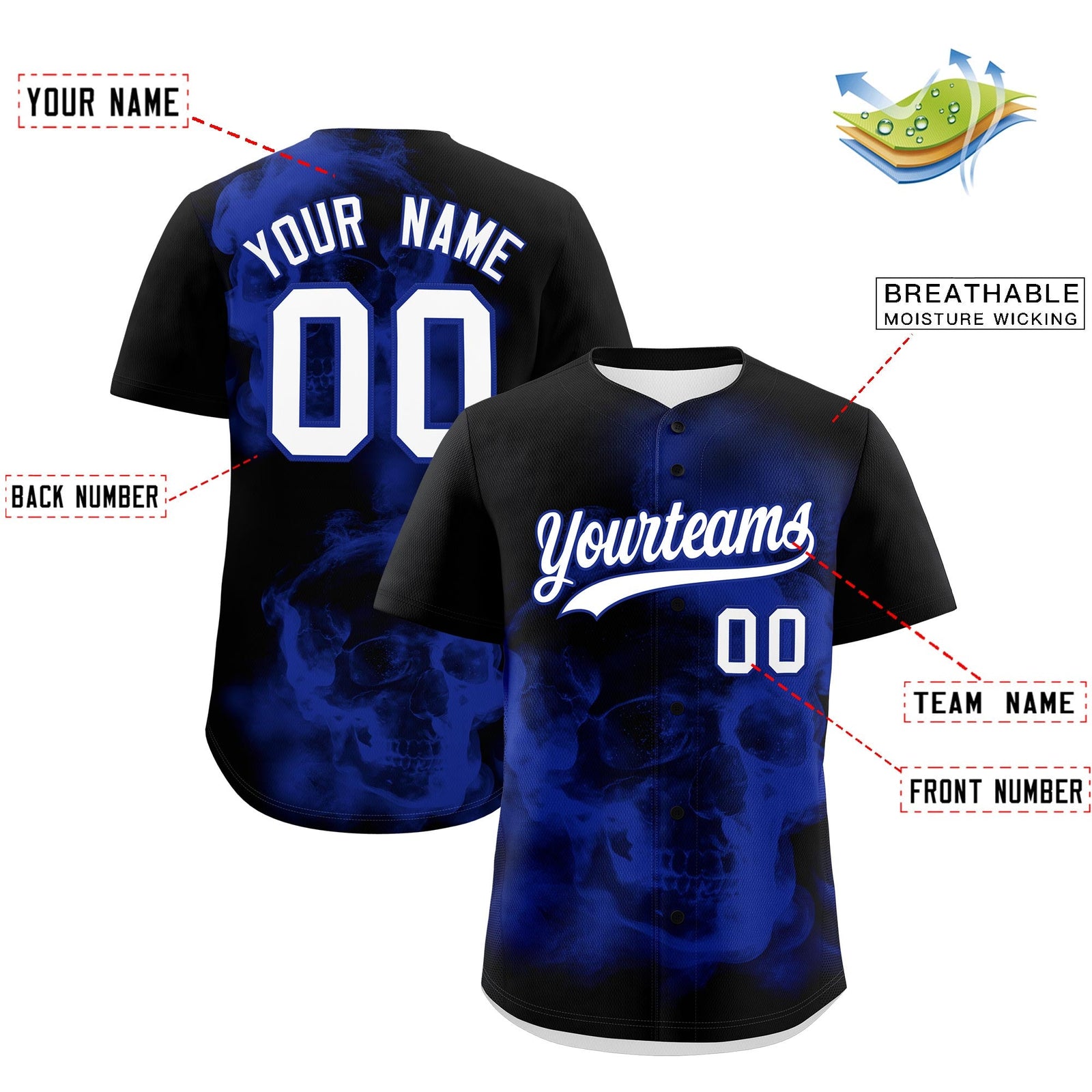 Custom Black Royal Blue White skeleton Graffiti Pattern Lightweight Baseball Jersey| KXKSHOP