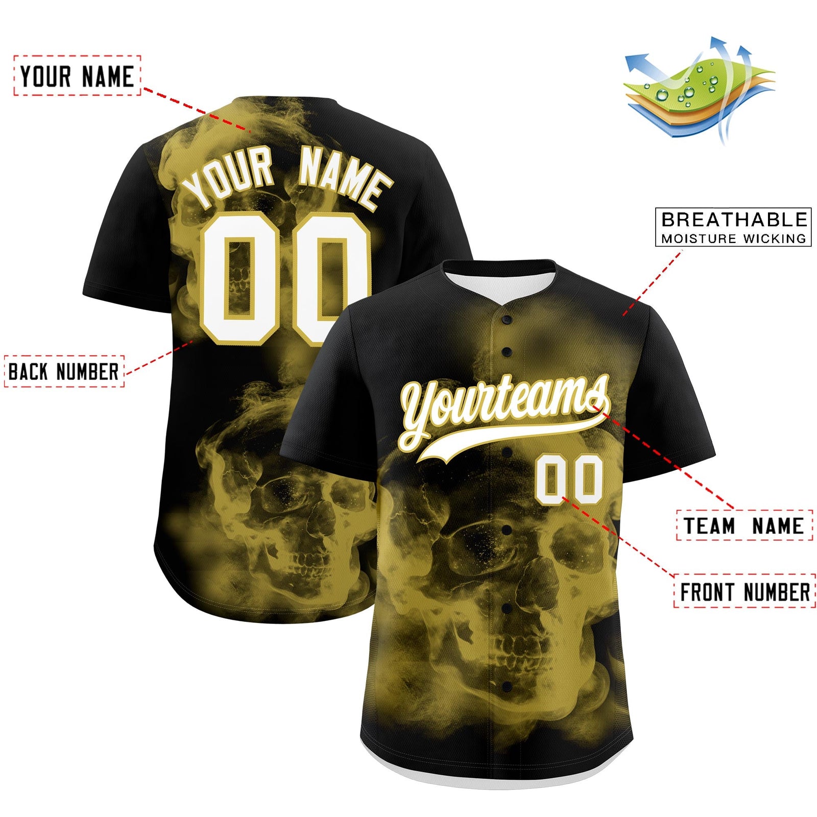 Custom Black Old Gold White skeleton Graffiti Pattern Lightweight Baseball Jersey| KXKSHOP