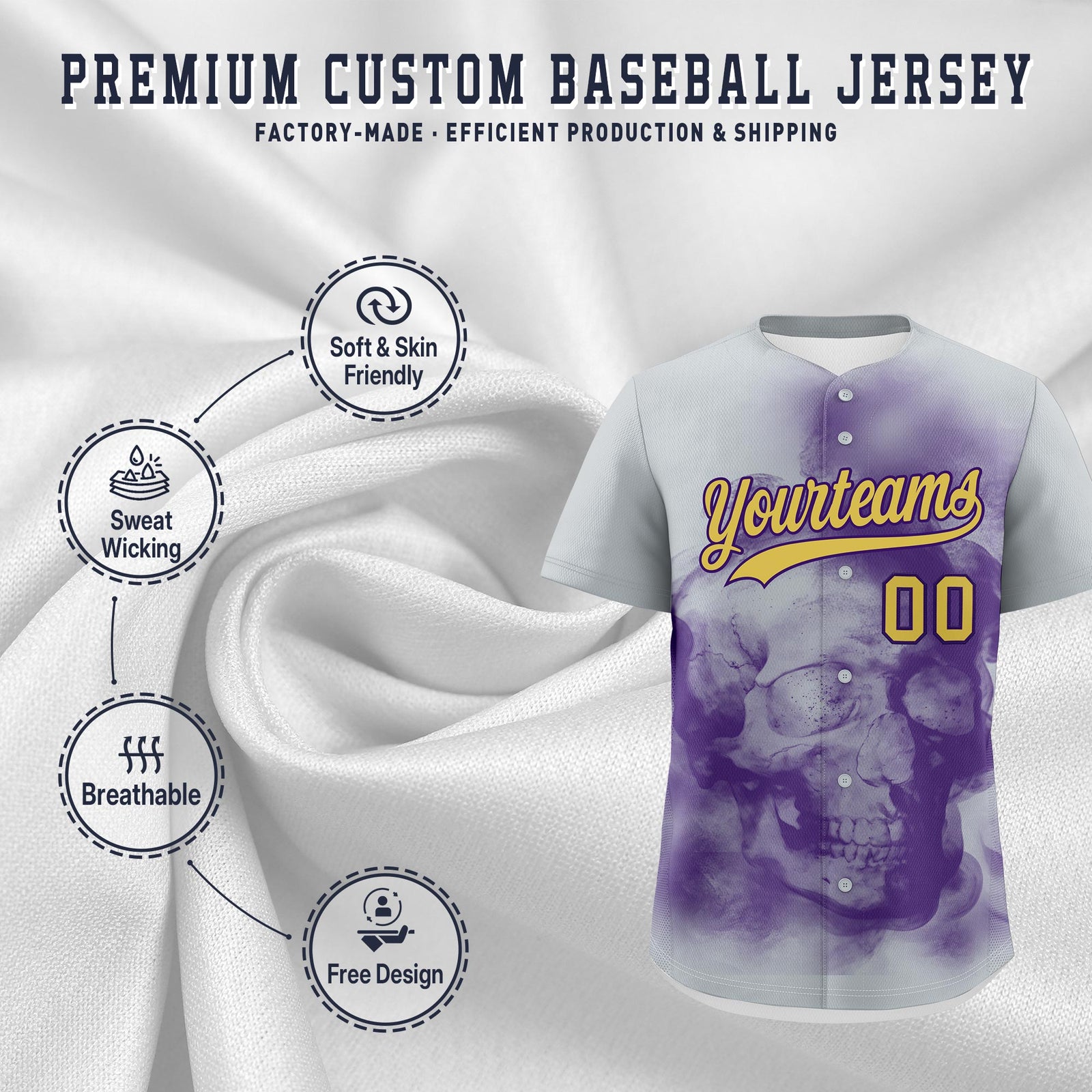 Custom Silver Purple Old Gold skeleton Graffiti Pattern Lightweight Baseball Jersey| KXKSHOP