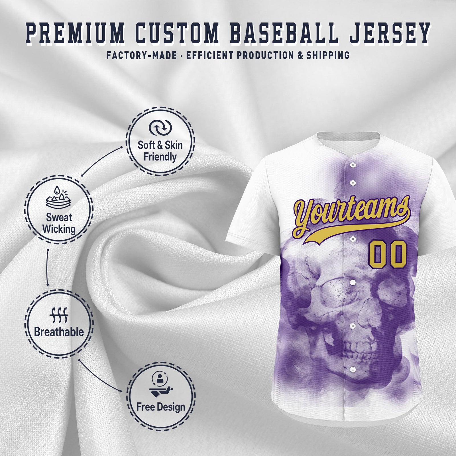 Custom White Purple Old Gold skeleton Graffiti Pattern Quick Dry Baseball Jersey| KXKSHOP