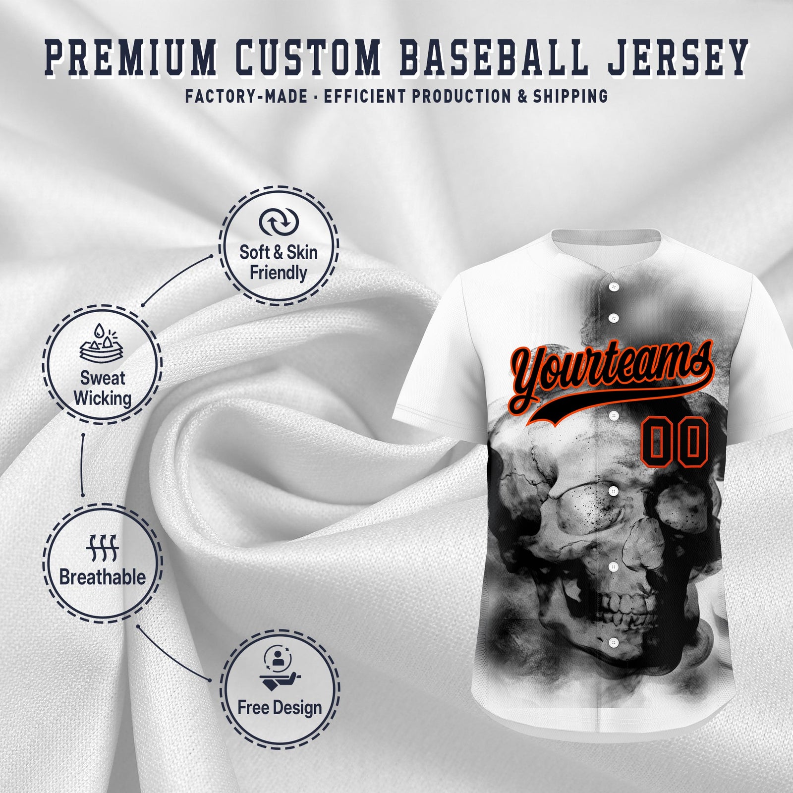 Custom White Black Orange skeleton Graffiti Pattern Quick Dry Baseball Jersey| KXKSHOP