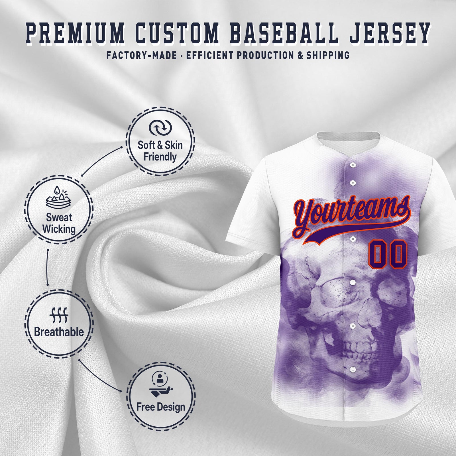 Custom White Purple Orange skeleton Graffiti Pattern Lightweight Baseball Jersey| KXKSHOP