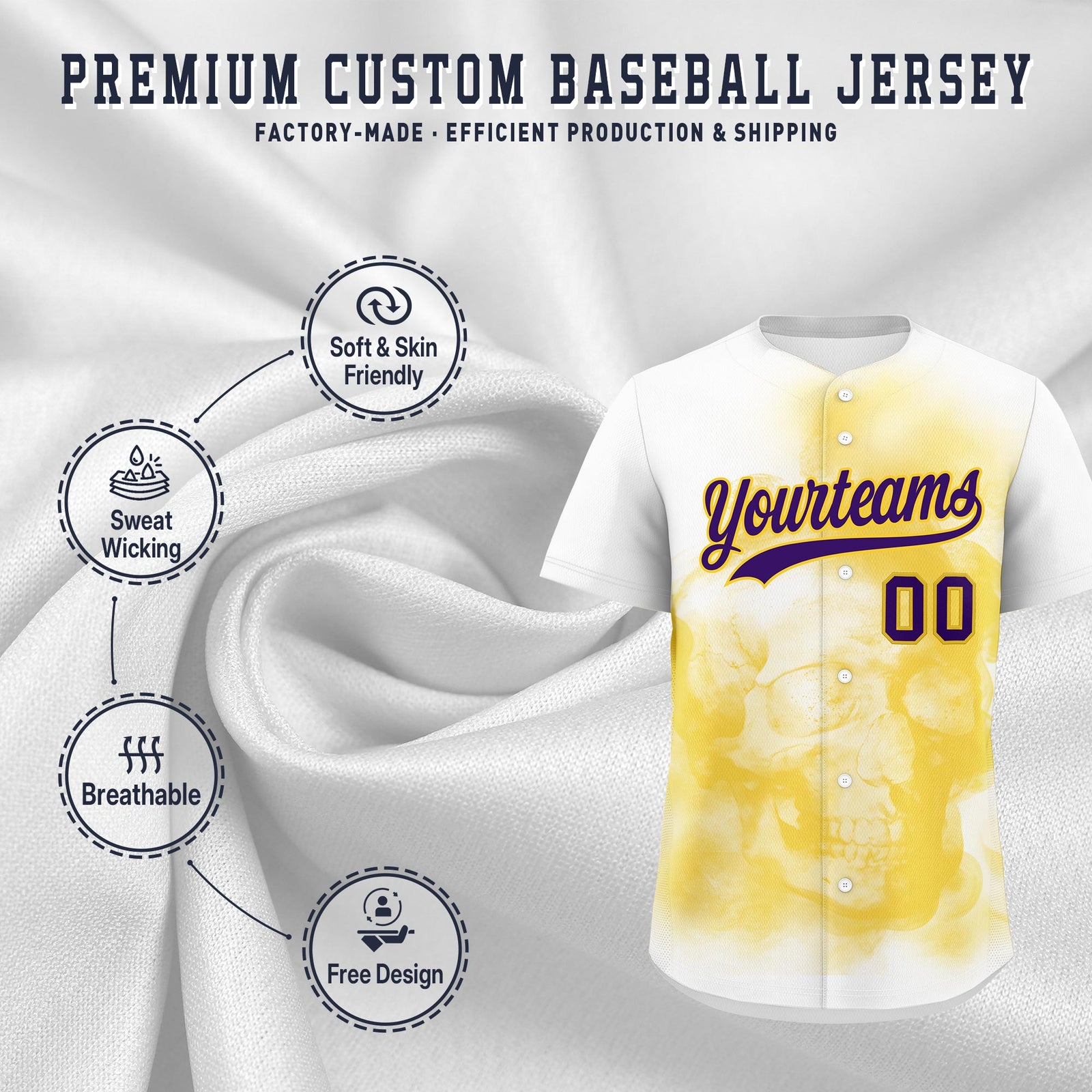 Custom White Gold Purple skeleton Graffiti Pattern Quick Dry Baseball Jersey| KXKSHOP