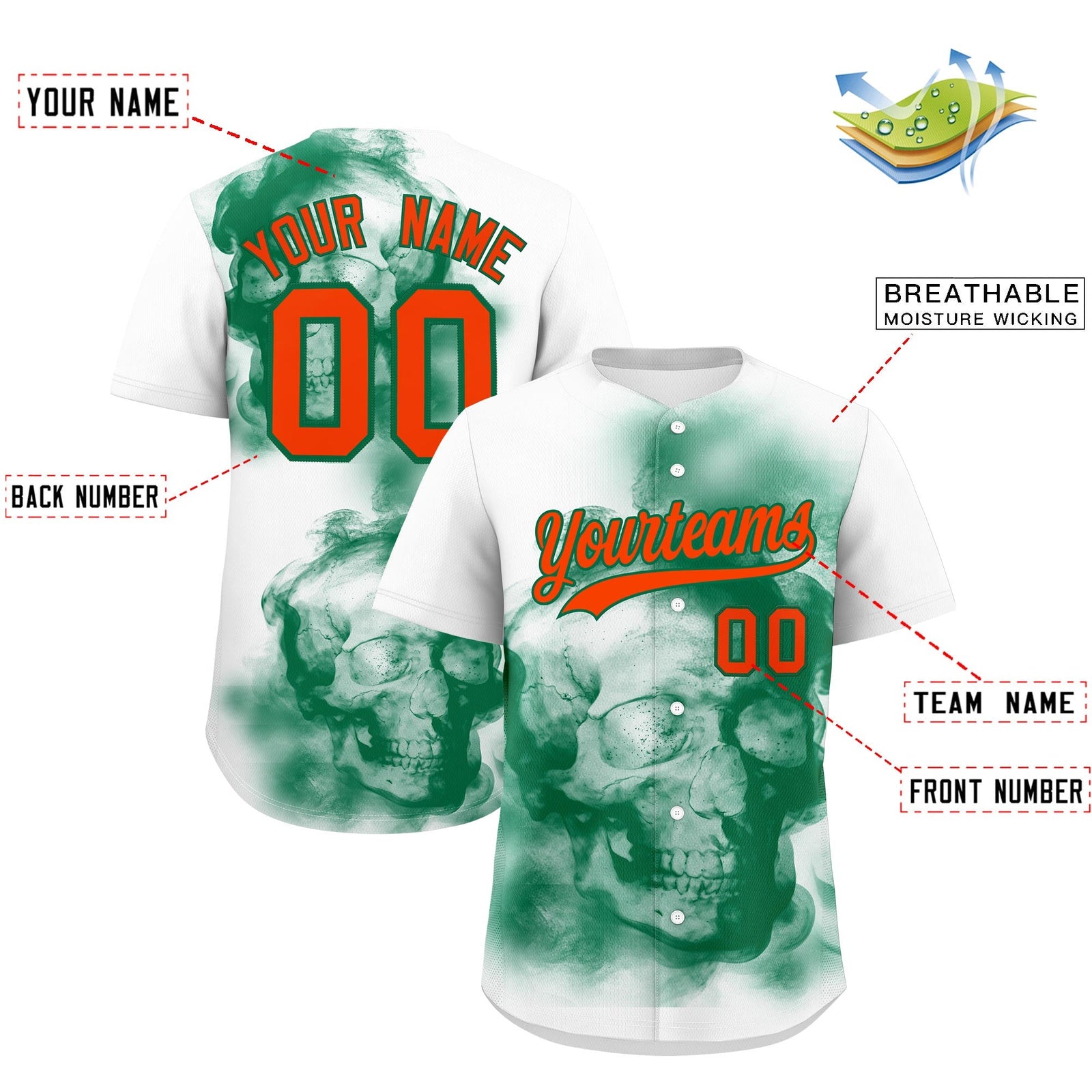 Custom White Kelly Green Orange skeleton Graffiti Pattern Quick Dry Baseball Jersey| KXKSHOP