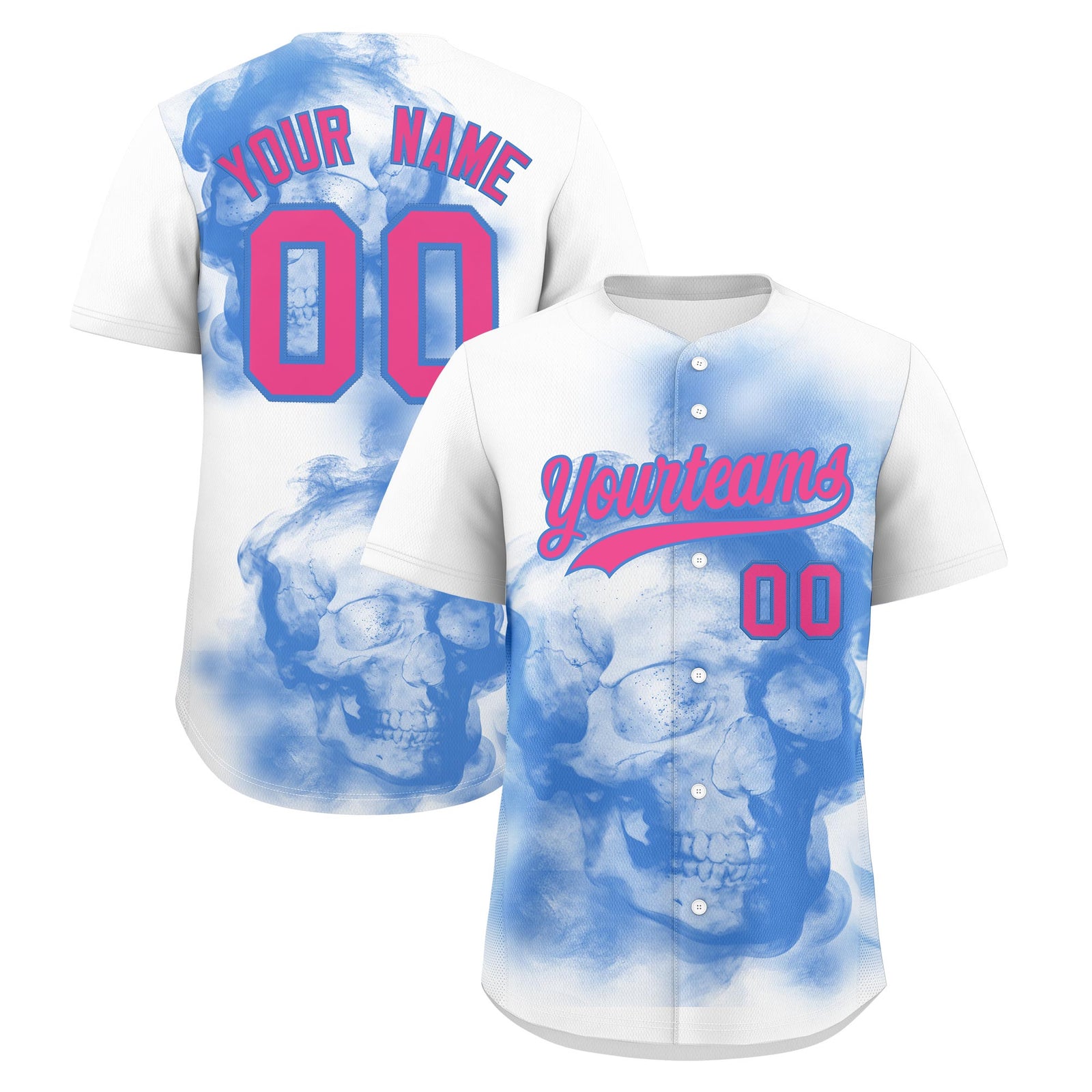 Custom White Powder Blue Pink skeleton Graffiti Pattern Quick Dry Baseball Jersey| KXKSHOP