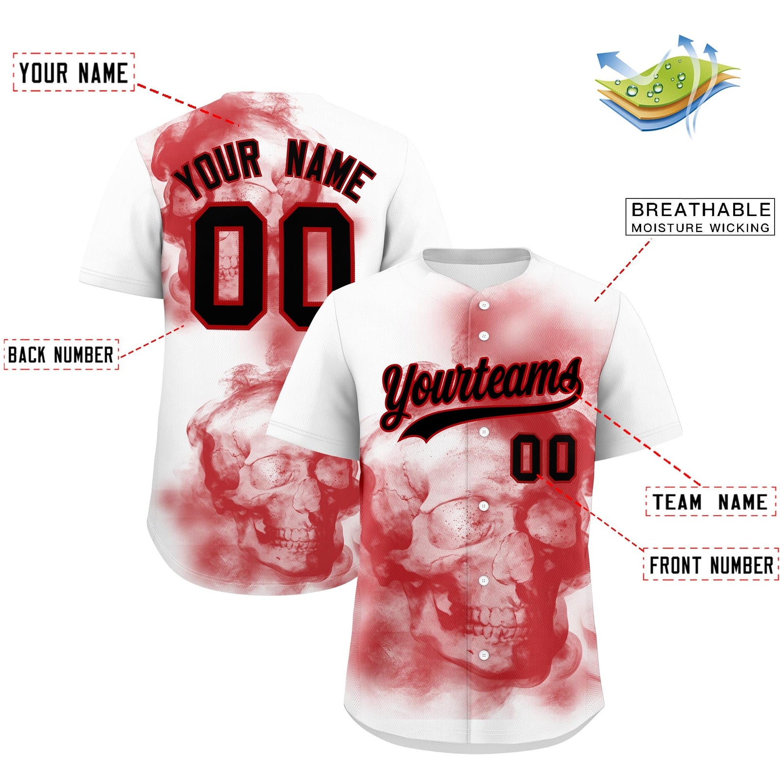 Custom White Red Black skeleton Graffiti Pattern Lightweight Baseball Jersey| KXKSHOP