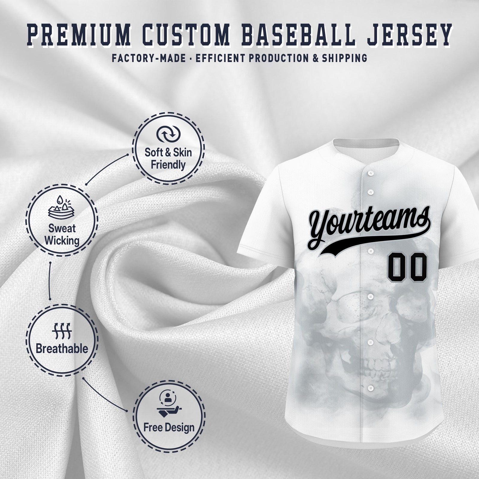 Custom White Silver Black skeleton Graffiti Pattern Quick Dry Baseball Jersey| KXKSHOP