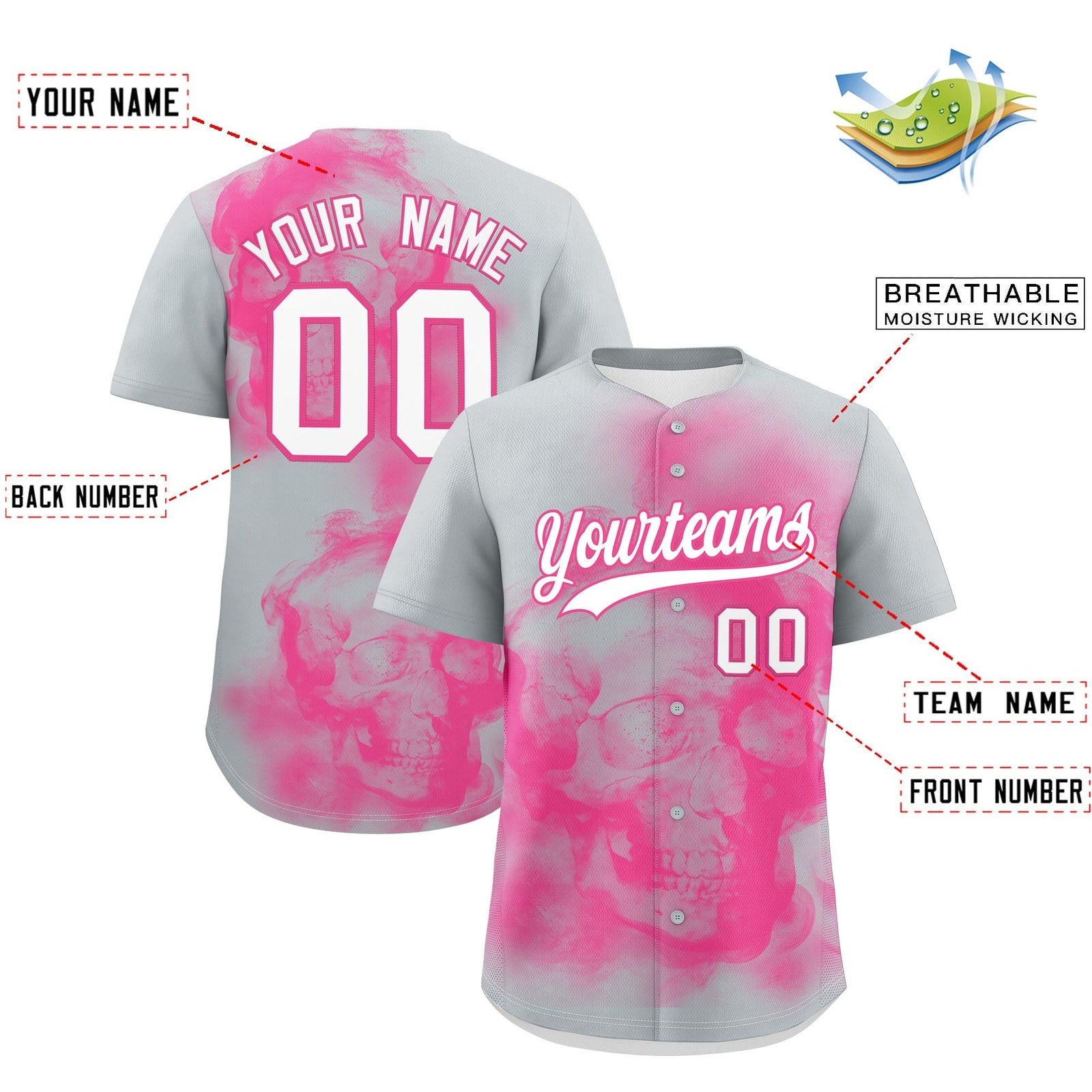 Custom Silver Pink White skeleton Graffiti Pattern Lightweight Baseball Jersey| KXKSHOP
