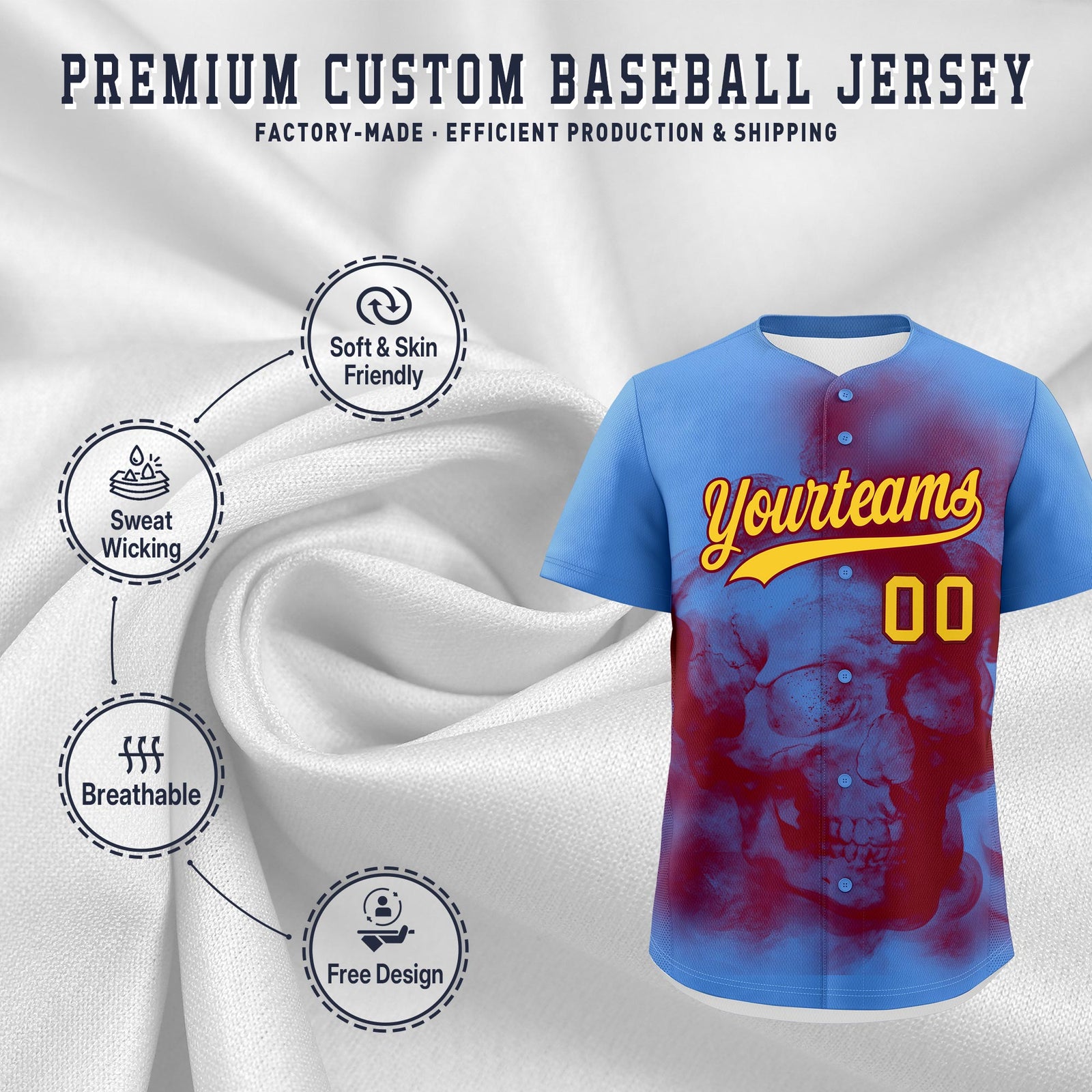 Custom Powder Blue Crimson Gold skeleton Graffiti Pattern Quick Dry Baseball Jersey| KXKSHOP