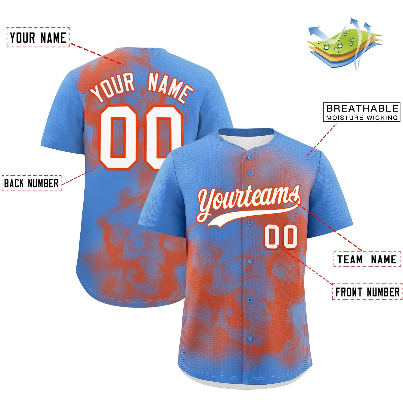 Custom Powder Blue Orange White skeleton Graffiti Pattern Lightweight Baseball Jersey| KXKSHOP