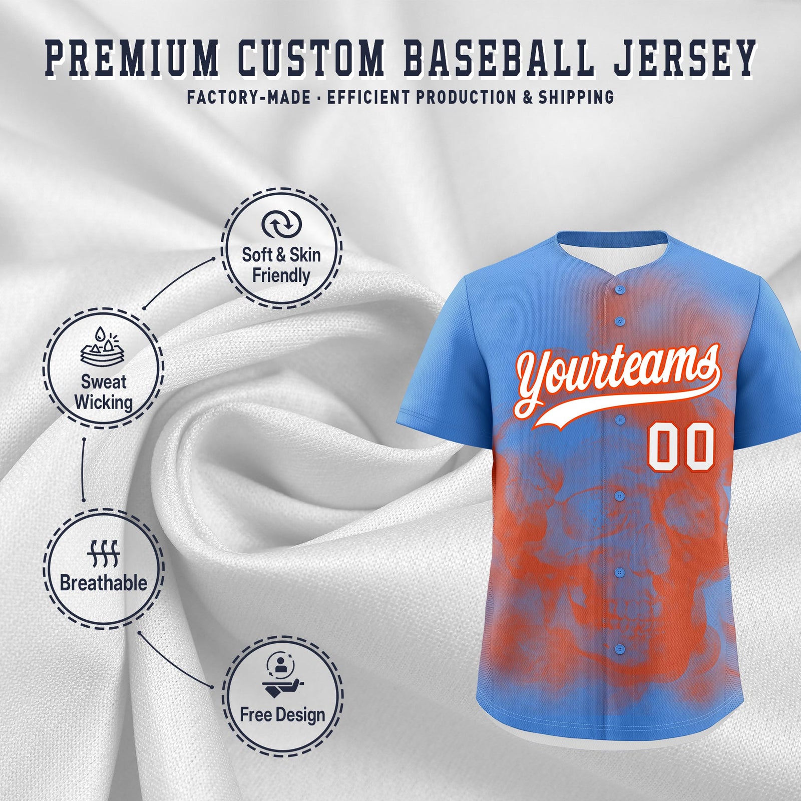 Custom Powder Blue Orange White skeleton Graffiti Pattern Lightweight Baseball Jersey| KXKSHOP