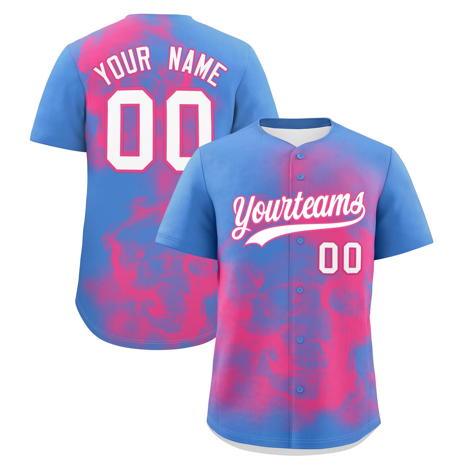 Custom Powder Blue Pink White skeleton Graffiti Pattern Quick Dry Baseball Jersey| KXKSHOP