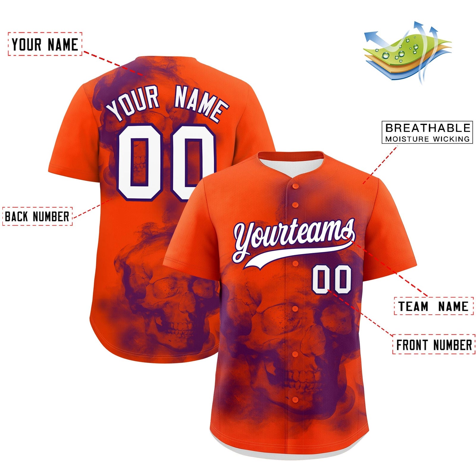 Custom Orange Purple White skeleton Graffiti Pattern Lightweight Baseball Jersey| KXKSHOP