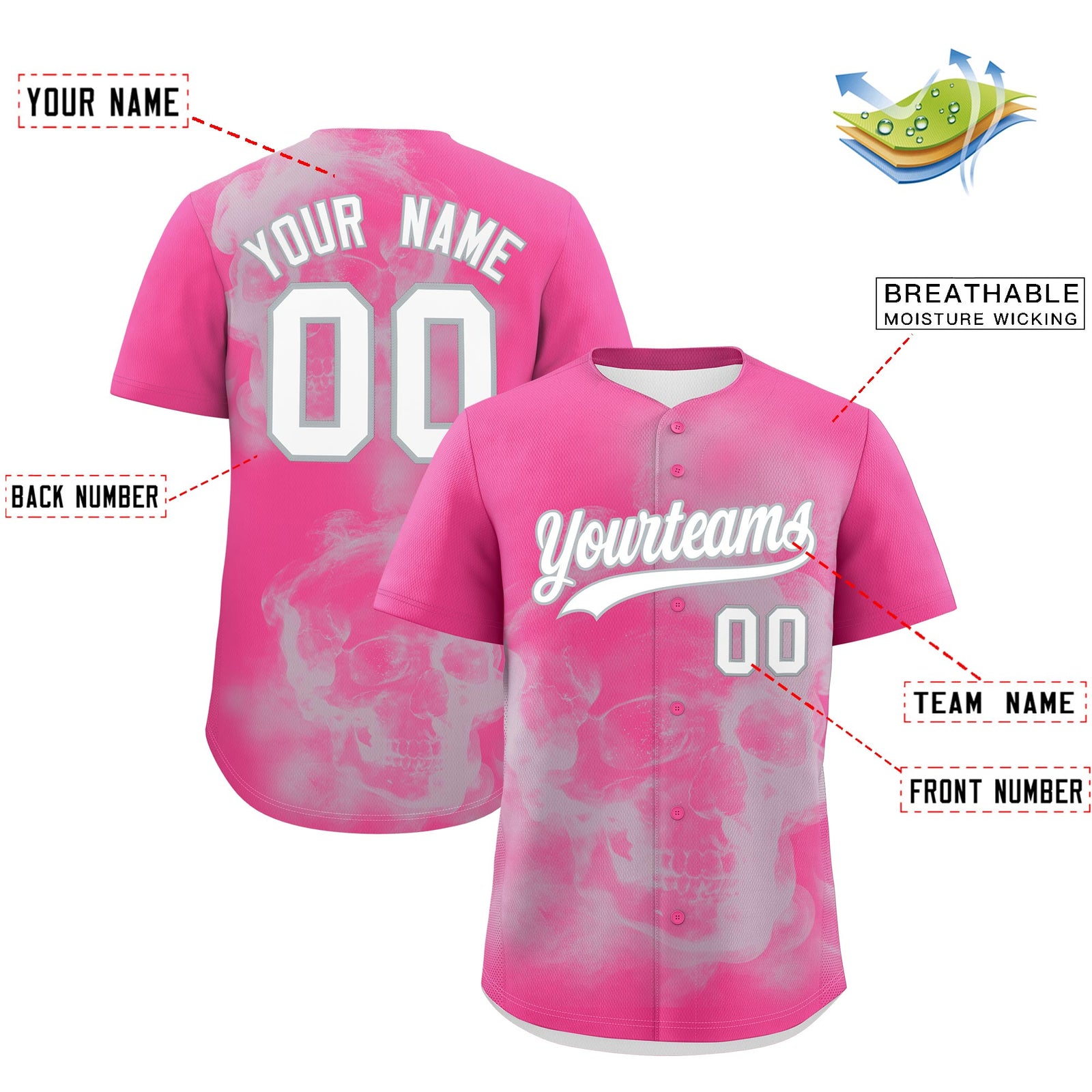 Custom Pink Silver White skeleton Graffiti Pattern Quick Dry Baseball Jersey| KXKSHOP