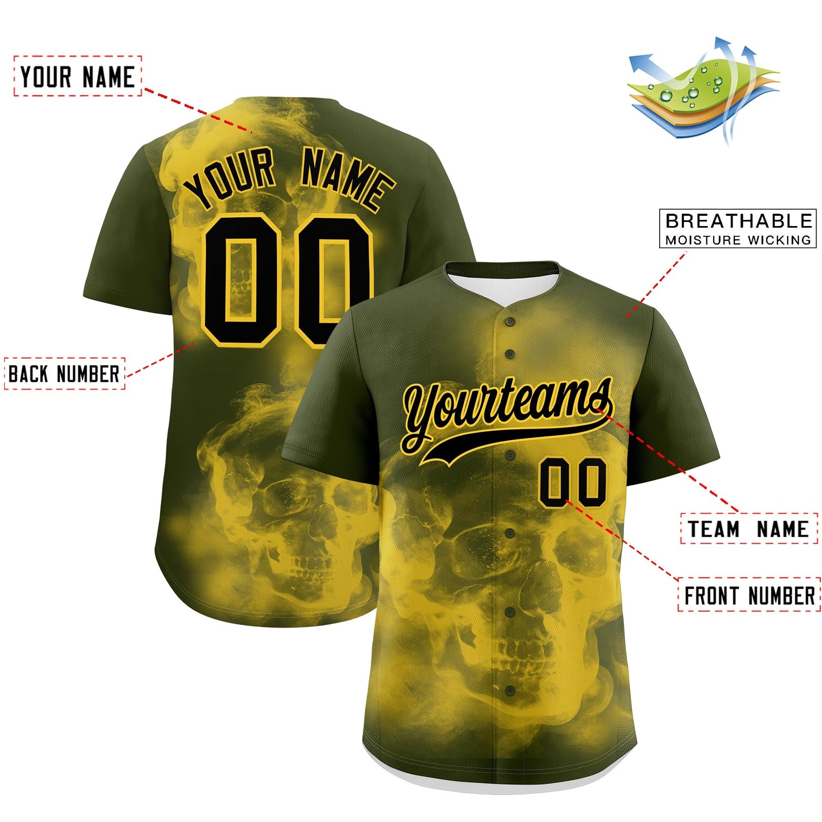 Custom Olive Gold Black skeleton Graffiti Pattern Quick Dry Baseball Jersey| KXKSHOP