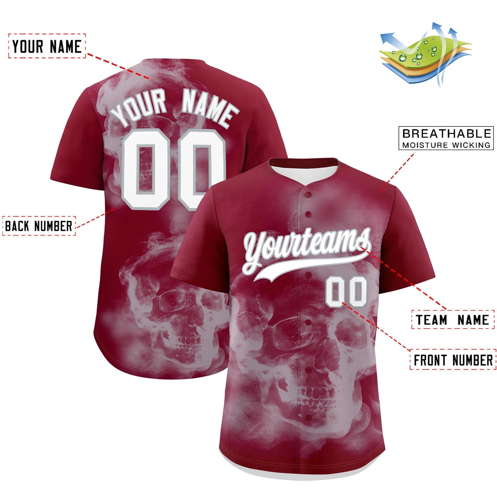 Custom Crimson Silver White skeleton Graffiti Pattern Quick Dry Baseball Jersey| KXKSHOP