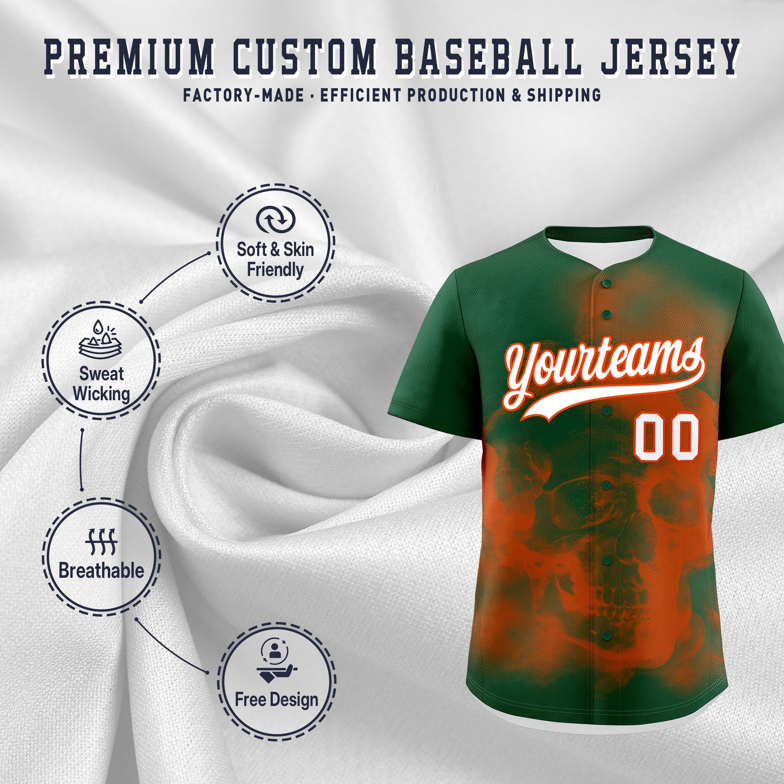 Custom Dark Green Orange White skeleton Graffiti Pattern Quick Dry Baseball Jersey| KXKSHOP